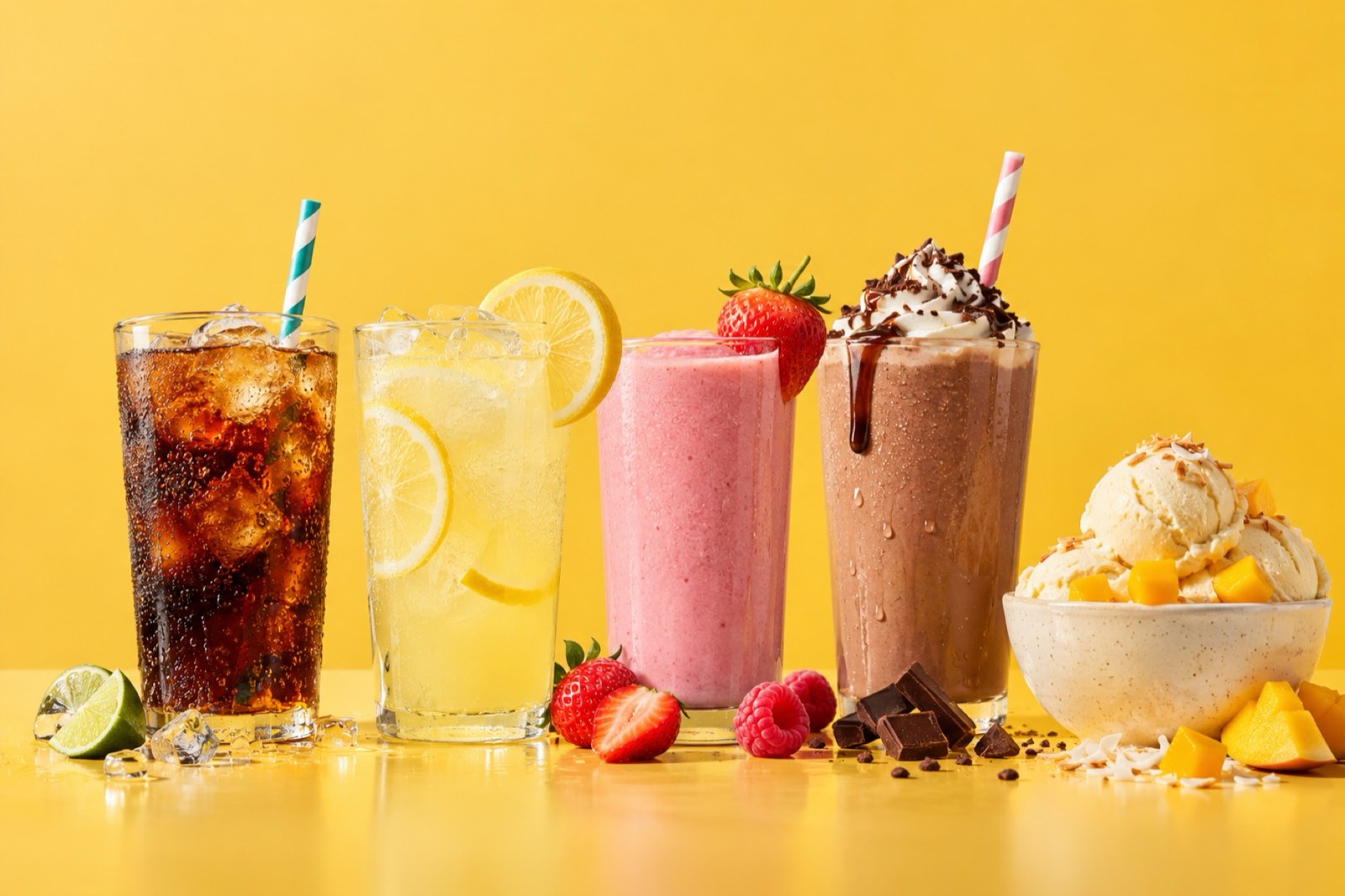 A lineup of reduced-sugar drinks and treats, from cola and lemonade to a strawberry smoothie, chocolate shake and vanilla ice cream, all built with UnSugar sweet protein