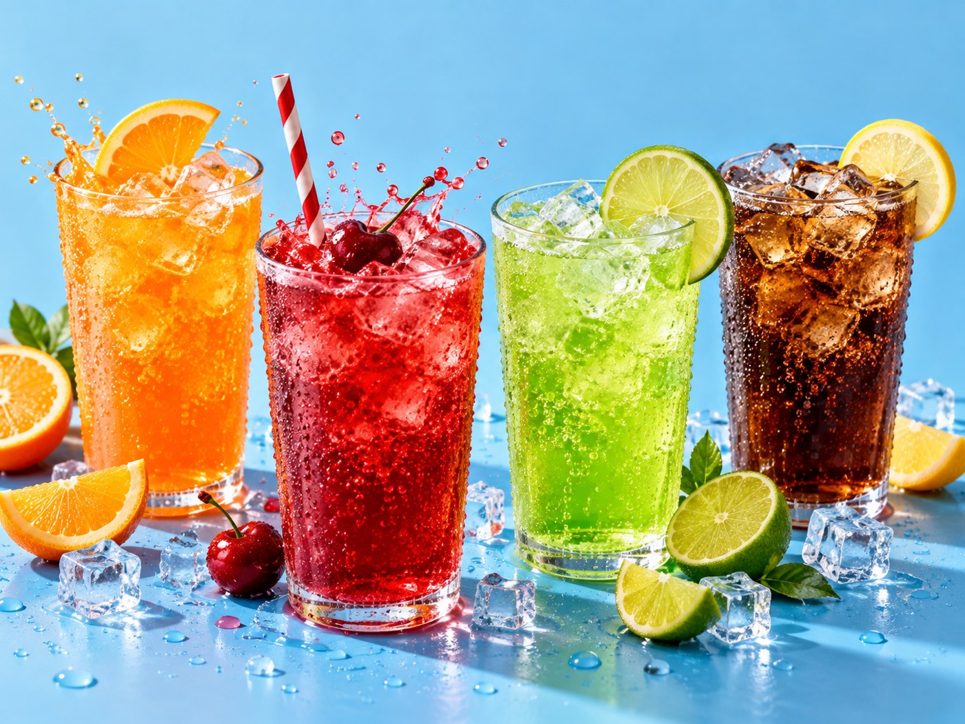 Sparkling reduced-sugar beverages in tall glasses beside laboratory glassware