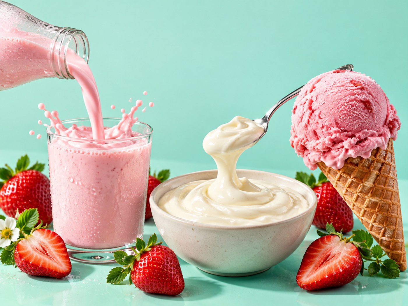 Creamy reduced-sugar yogurt with fresh berries and a glass of milk