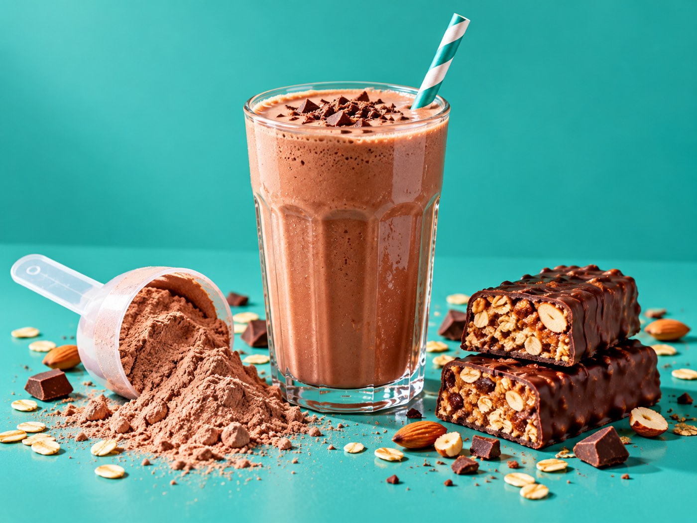 Protein powder scoop, shaker of protein shake and a protein bar cross-section