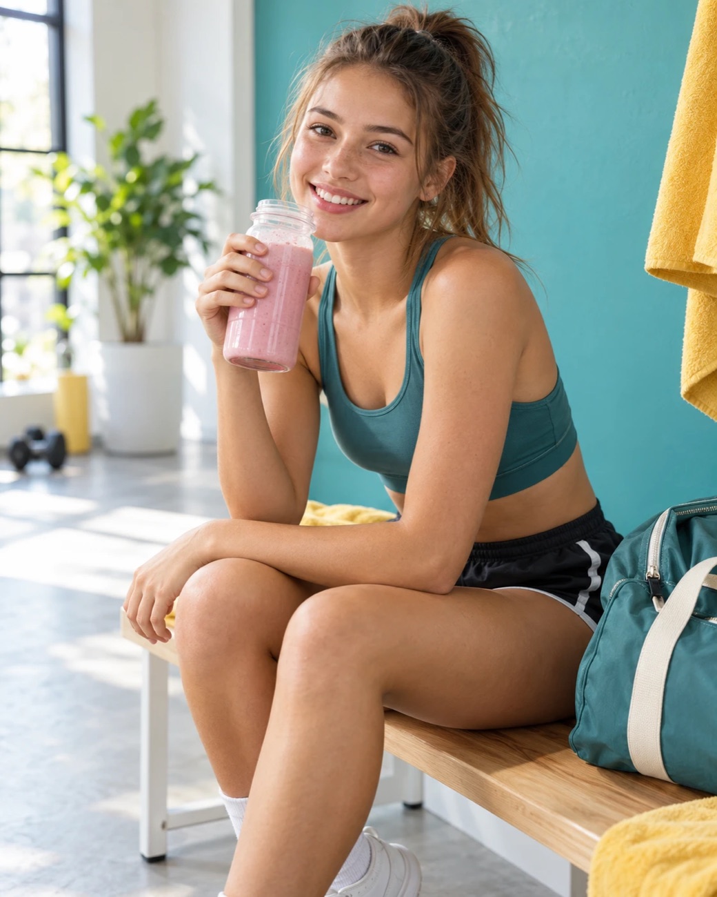 An athlete resting on a bench after a workout with a reduced-sugar protein smoothie
