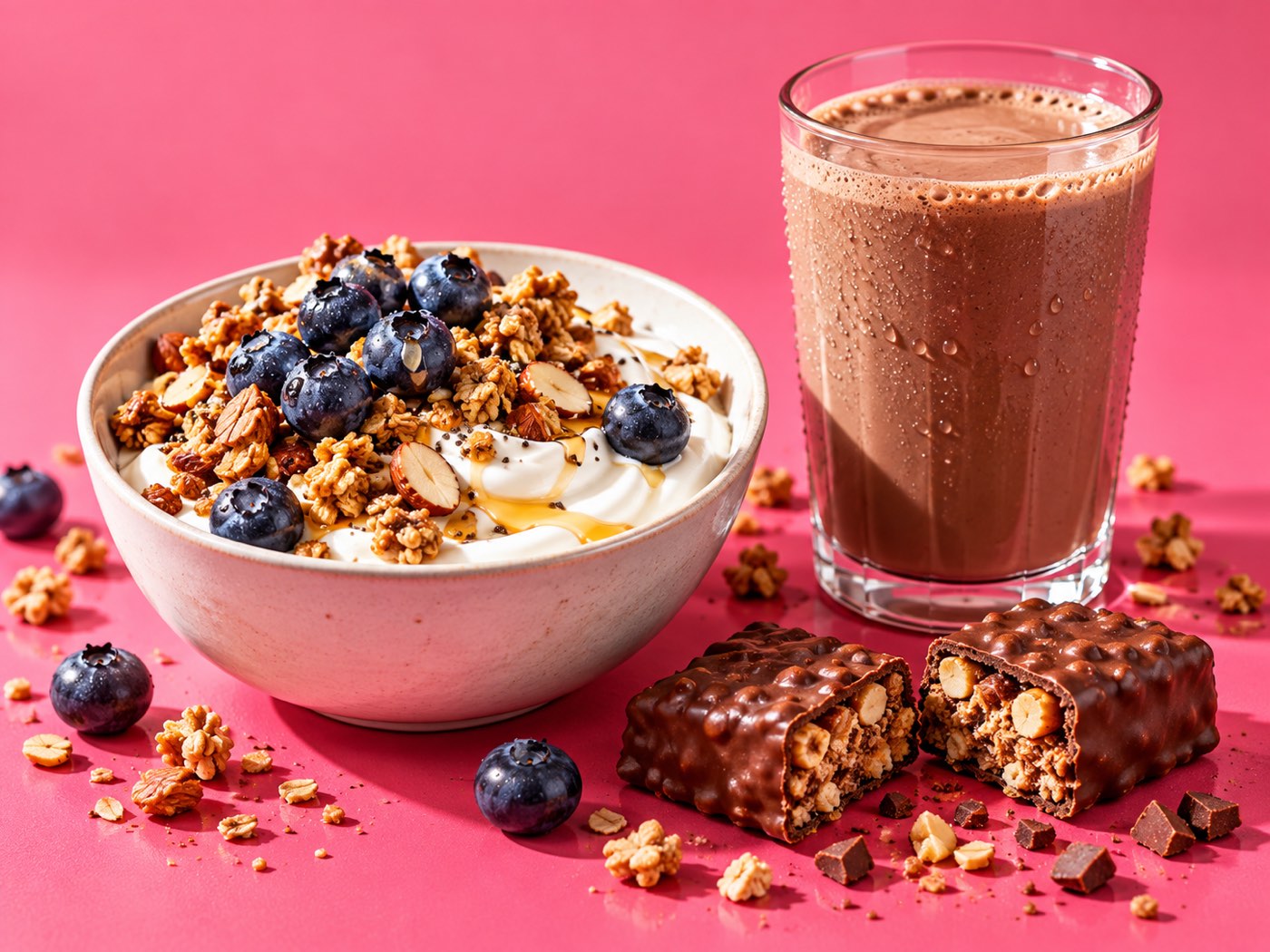 Small protein-forward portion of protein bites, berries, a shake and a yogurt pot