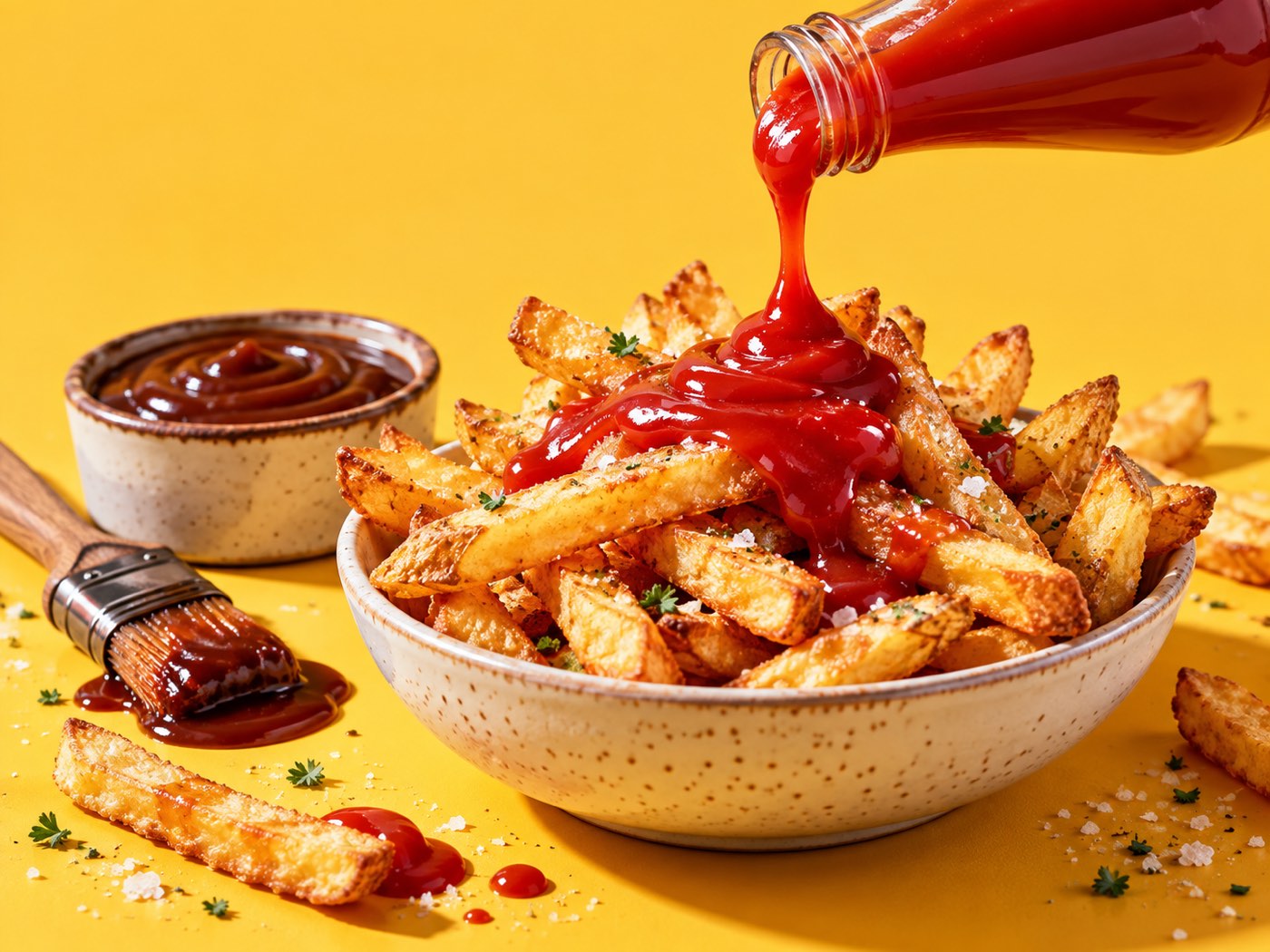 Glossy tomato sauce being spooned into a ramekin with dressings alongside