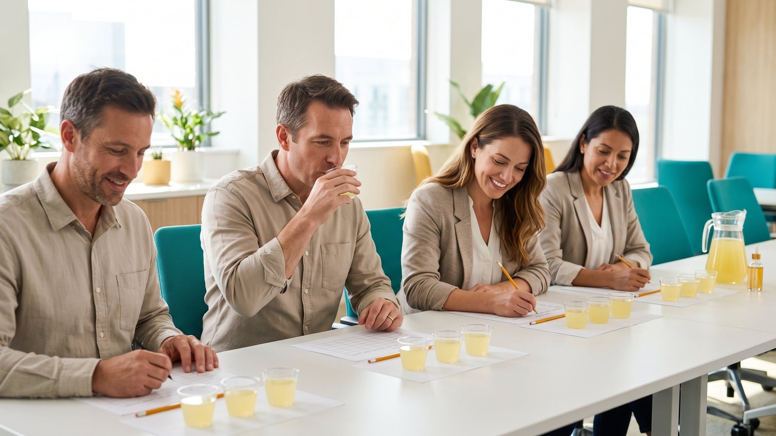 Four colleagues at a white table in a blind tasting, each with three identical cups of pale citrus drink and a scoring sheet