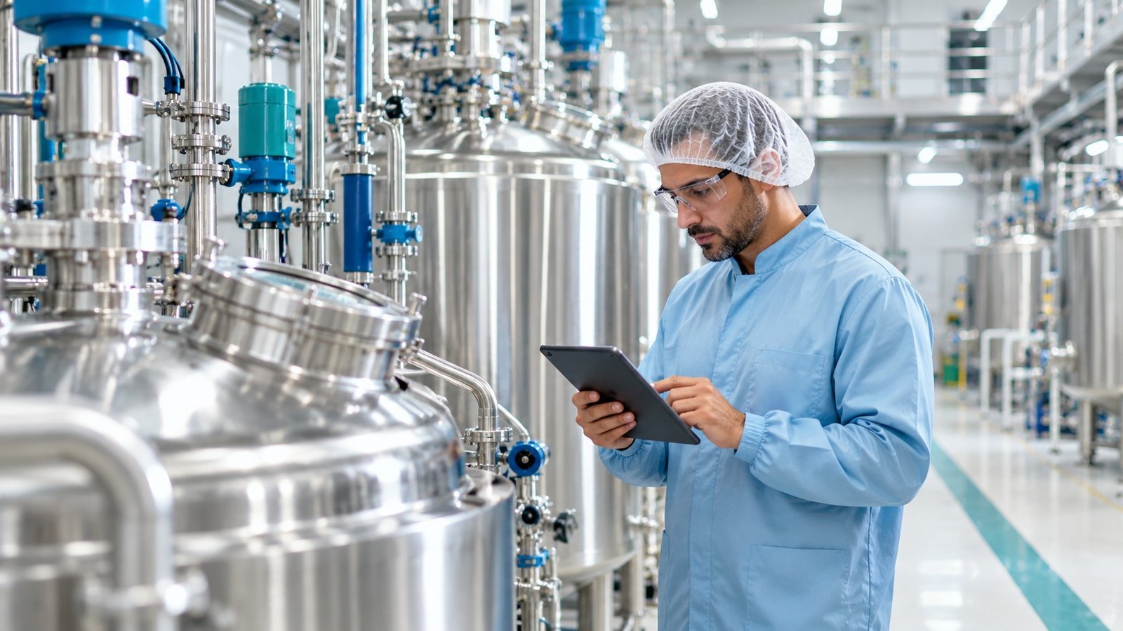 A technician checking stainless steel fermentation tanks in a food-grade production hall
