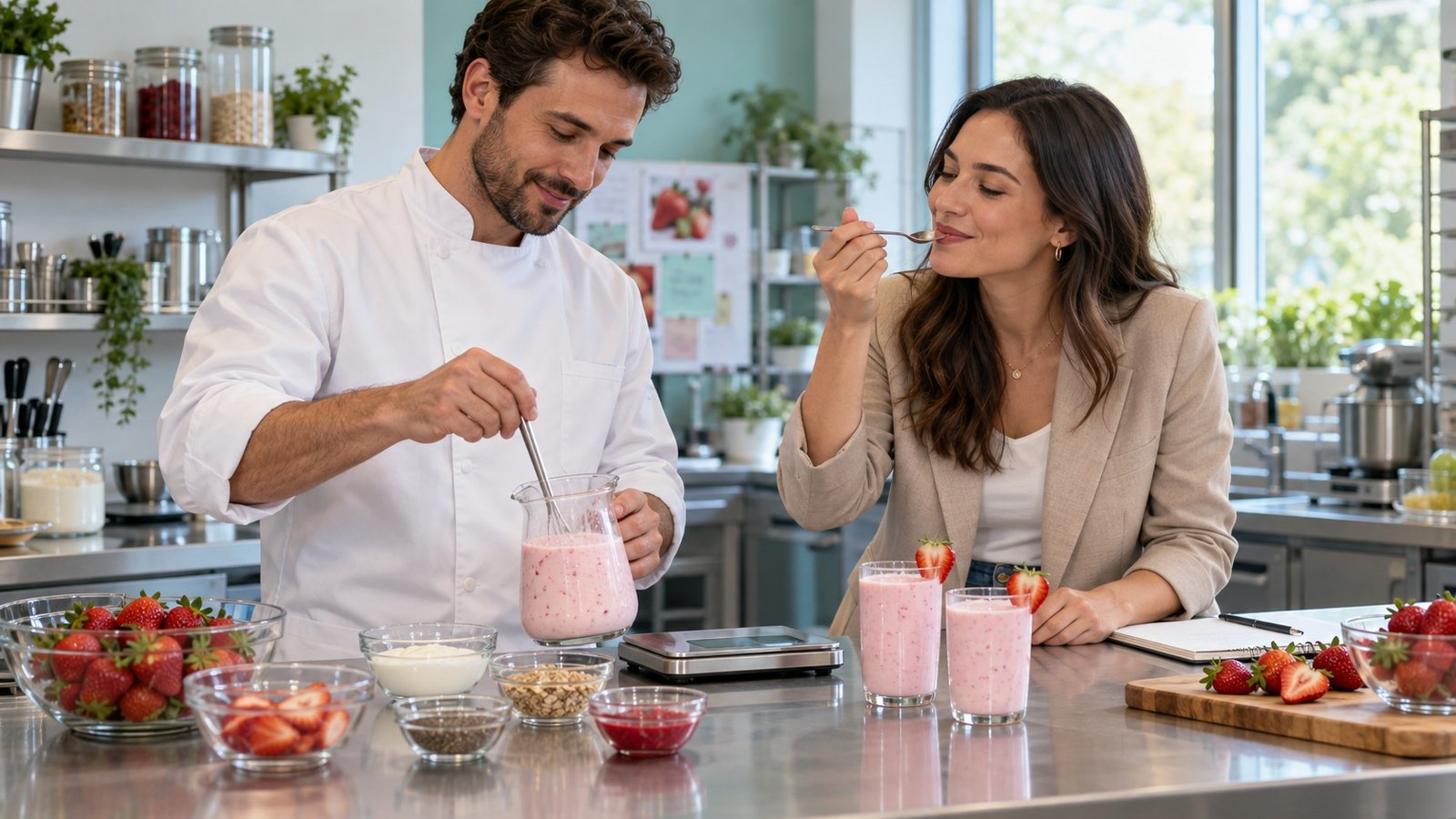 A food scientist and a product manager tasting a strawberry yogurt drink together in a test kitchen