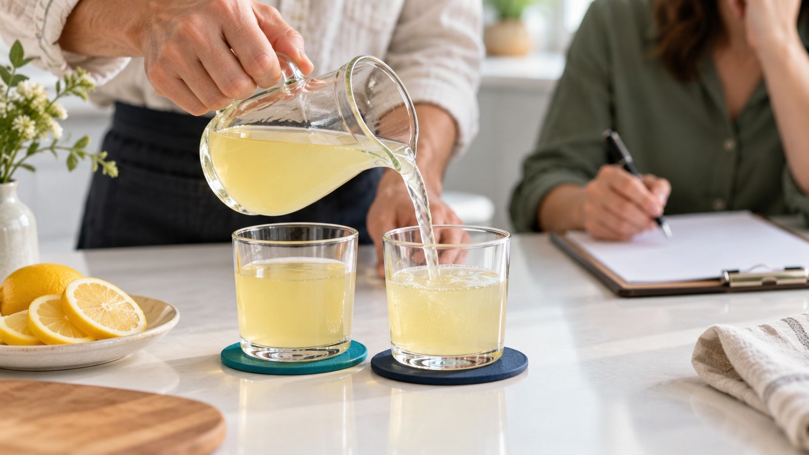 Two identical glasses of lemonade being poured for a side-by-side taste test while a colleague takes notes