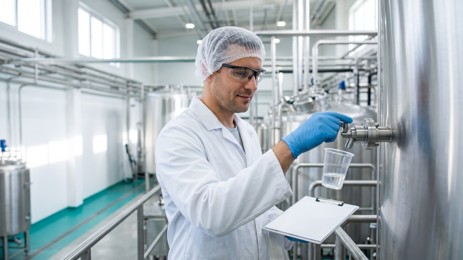 A quality technician in a white coat, hairnet and gloves taking a small sample from a stainless steel tank valve into a clear cup in a bright, clean beverage plant