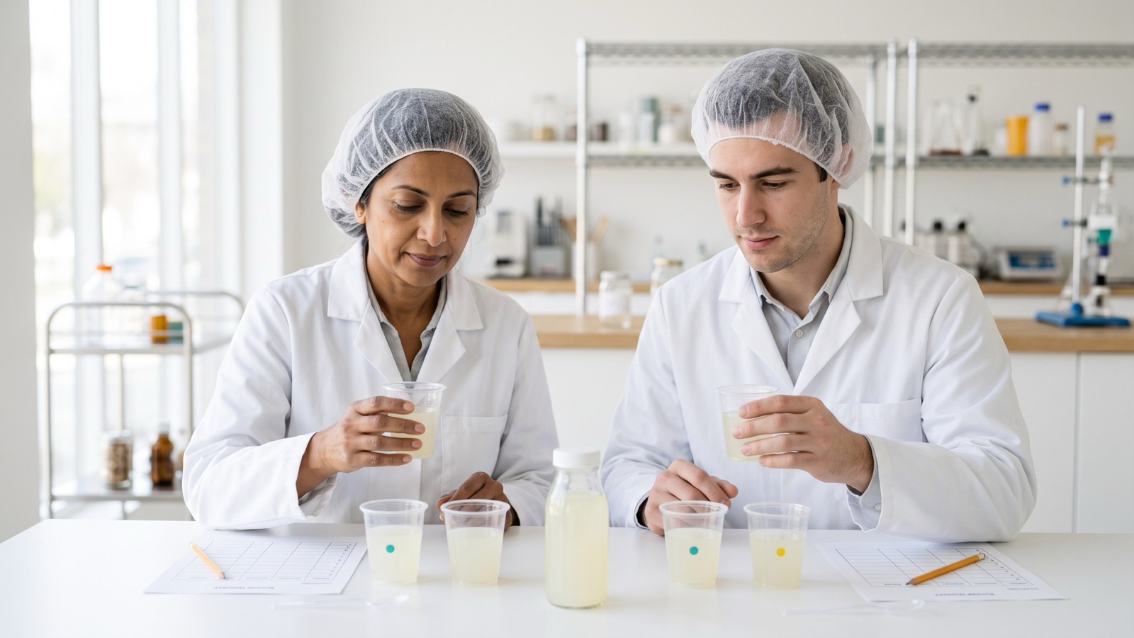 Two quality team members at a white table comparing two small clear cups of lemonade, one marked only with a colored dot, with a retained sample bottle and a blank score sheet beside them