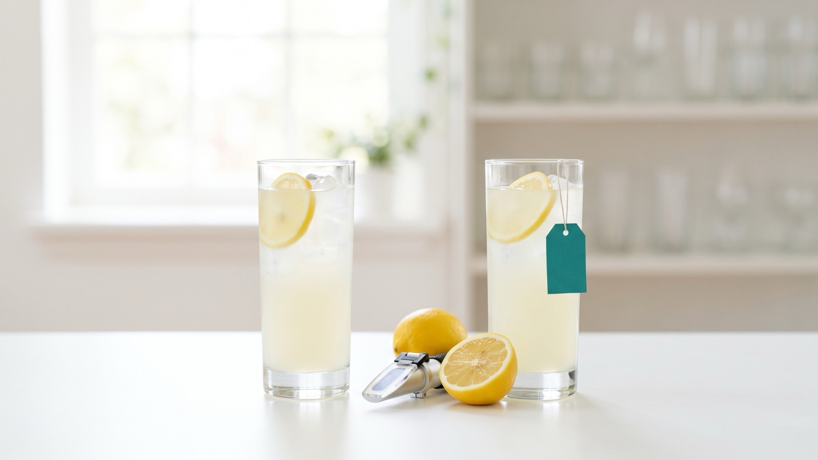 Two identical glasses of cloudy lemonade side by side on a white bench in daylight, one with a small paper tag and one without, lemons and a refractometer lying between them