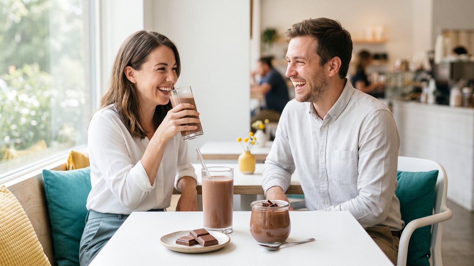Two colleagues laughing at a cafe table with a glass of chocolate milk, a pot of chocolate yogurt and squares of milk chocolate
