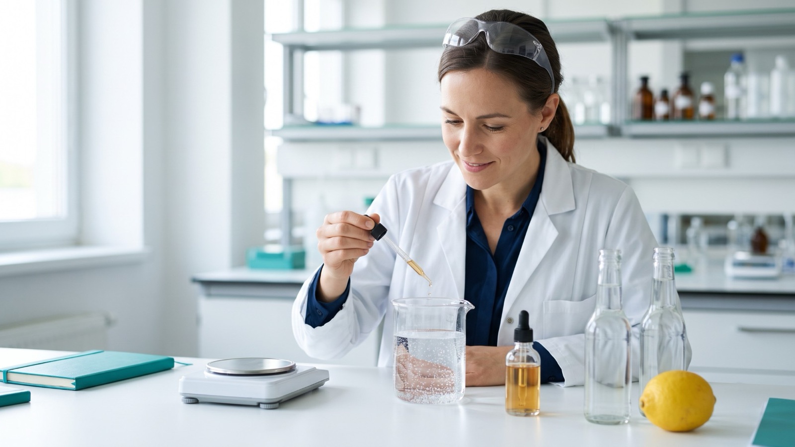 A beverage developer at a white bench measuring a small amount of light amber liquid with a pipette into a clear beaker of sparkling water, next to a digital scale and two unlabeled clear soda bottles