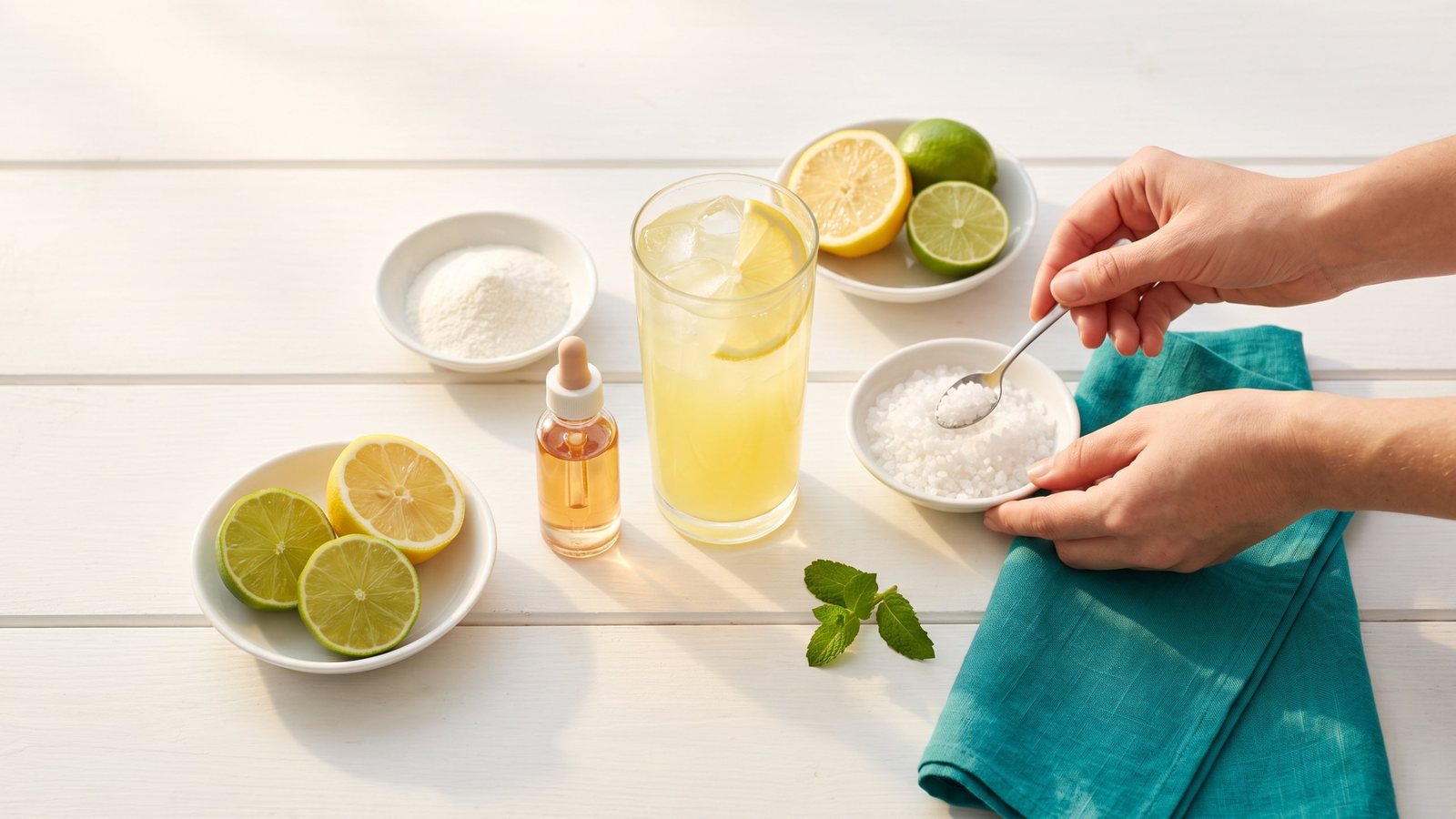 A glass of pale citrus drink with ice on a white table, surrounded by dishes of white powder, salt crystals and halved lemons and limes, with a dropper bottle of light amber liquid