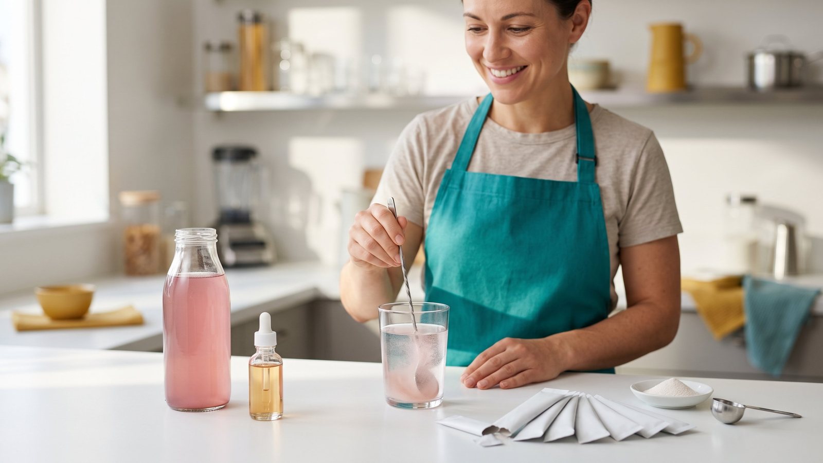 A woman in a teal apron stirring powder into a glass of water beside plain stick packs, a bottle of pink drink and a dropper bottle of light amber liquid