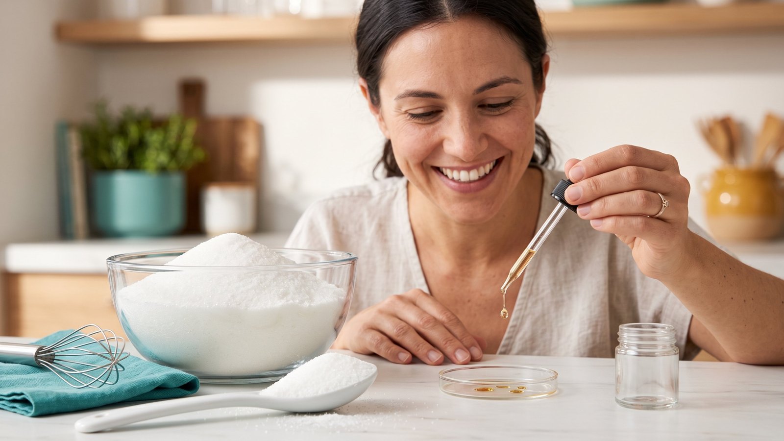 A woman releasing a single drop of light amber liquid from a dropper beside a large glass bowl and a spoon of white crystals
