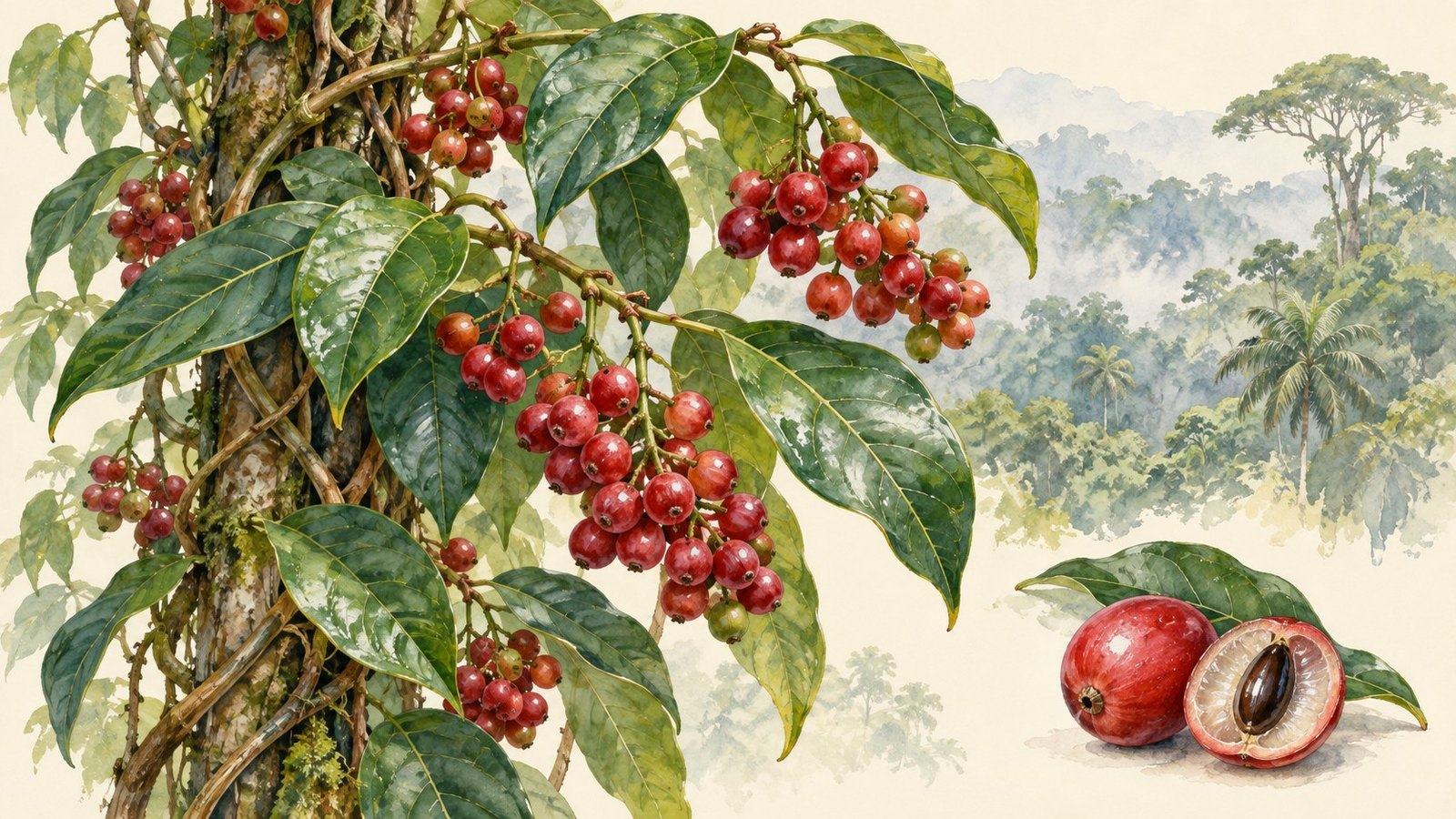 Watercolor illustration of a climbing tropical shrub with clusters of small red berries, representing the oubli plant