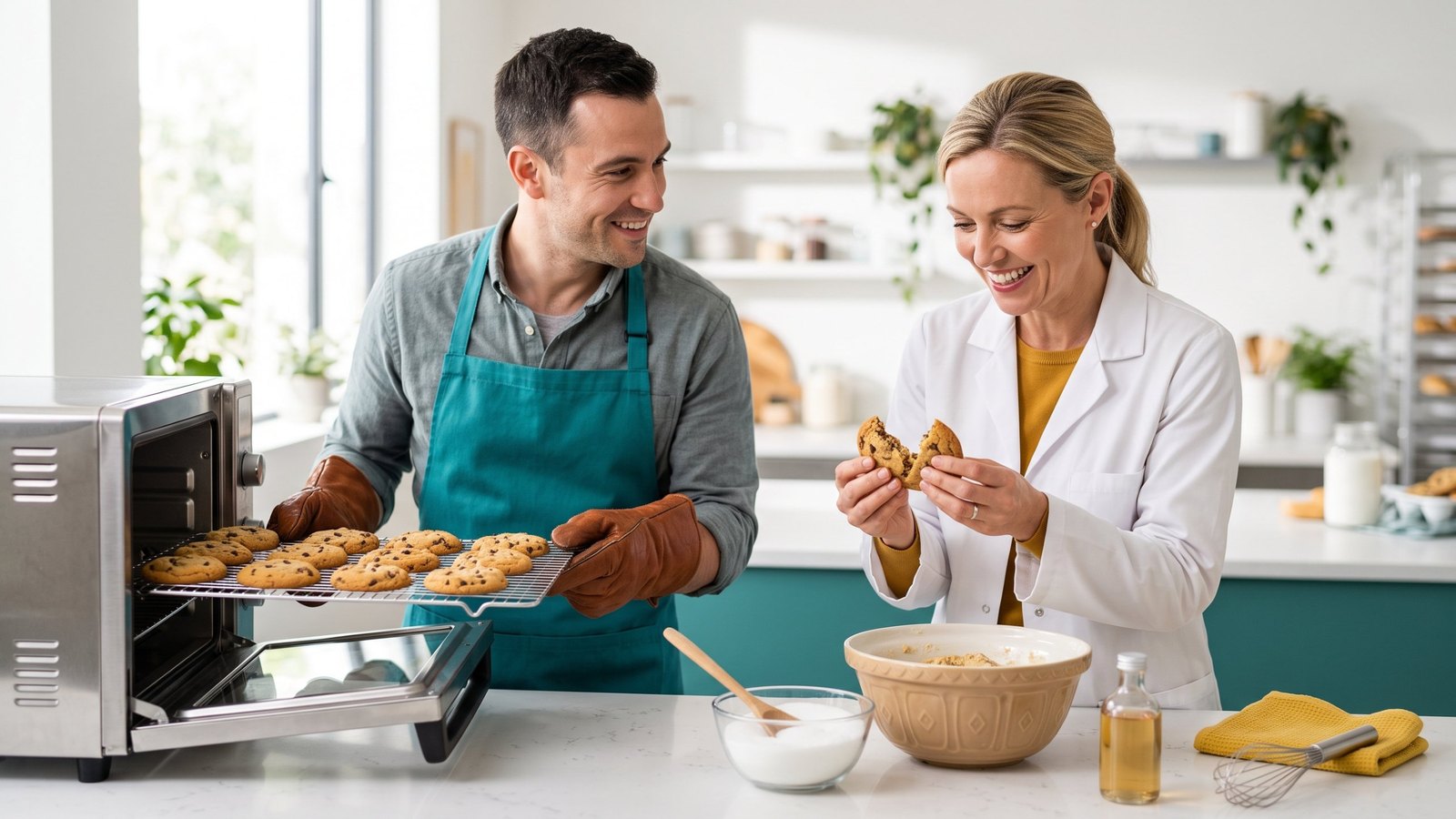 A baker lifting a rack of golden chocolate chip cookies from a small oven while a food technologist breaks one open to check the texture