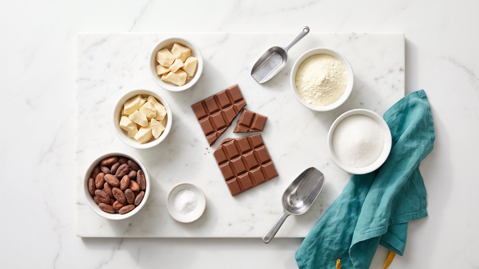 A broken milk chocolate bar on white marble surrounded by bowls of cocoa beans, cocoa butter, milk powder, white granules and a pinch of white powder