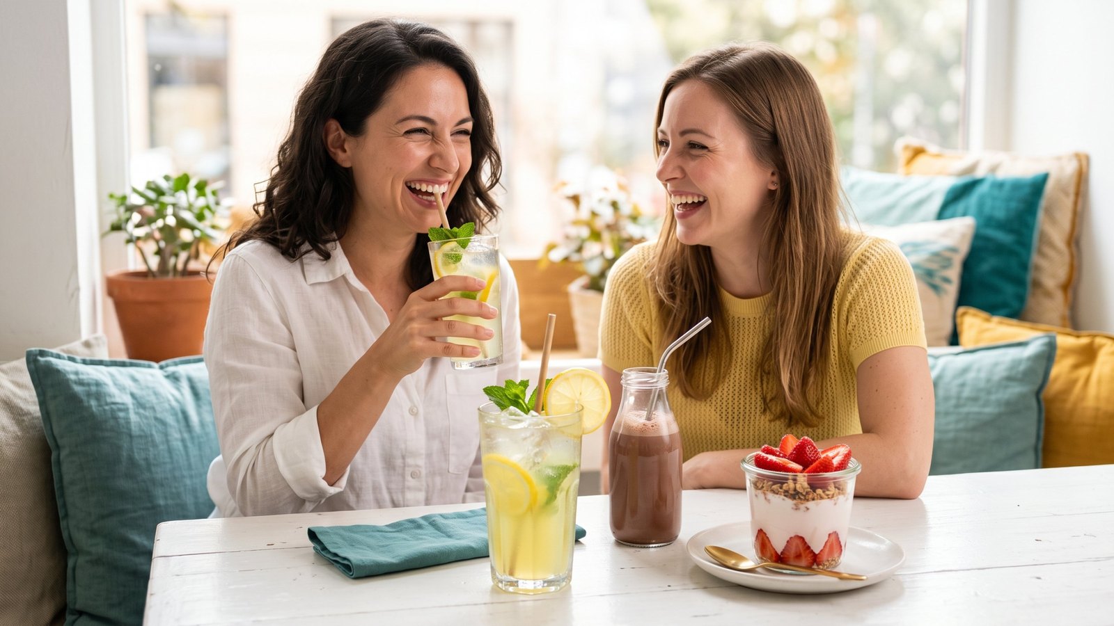 Two friends laughing at a cafe table with iced lemonade, chocolate milk and a strawberry yogurt parfait