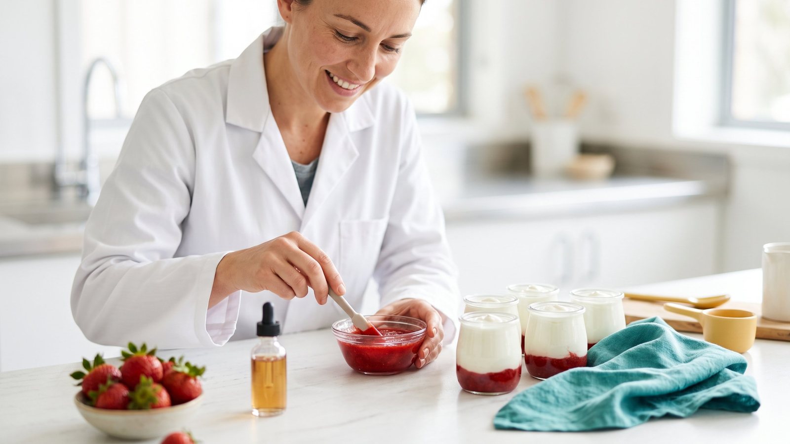 A food technologist stirring strawberry fruit prep beside pots of Greek yogurt layered over fruit and a dropper bottle of light amber liquid