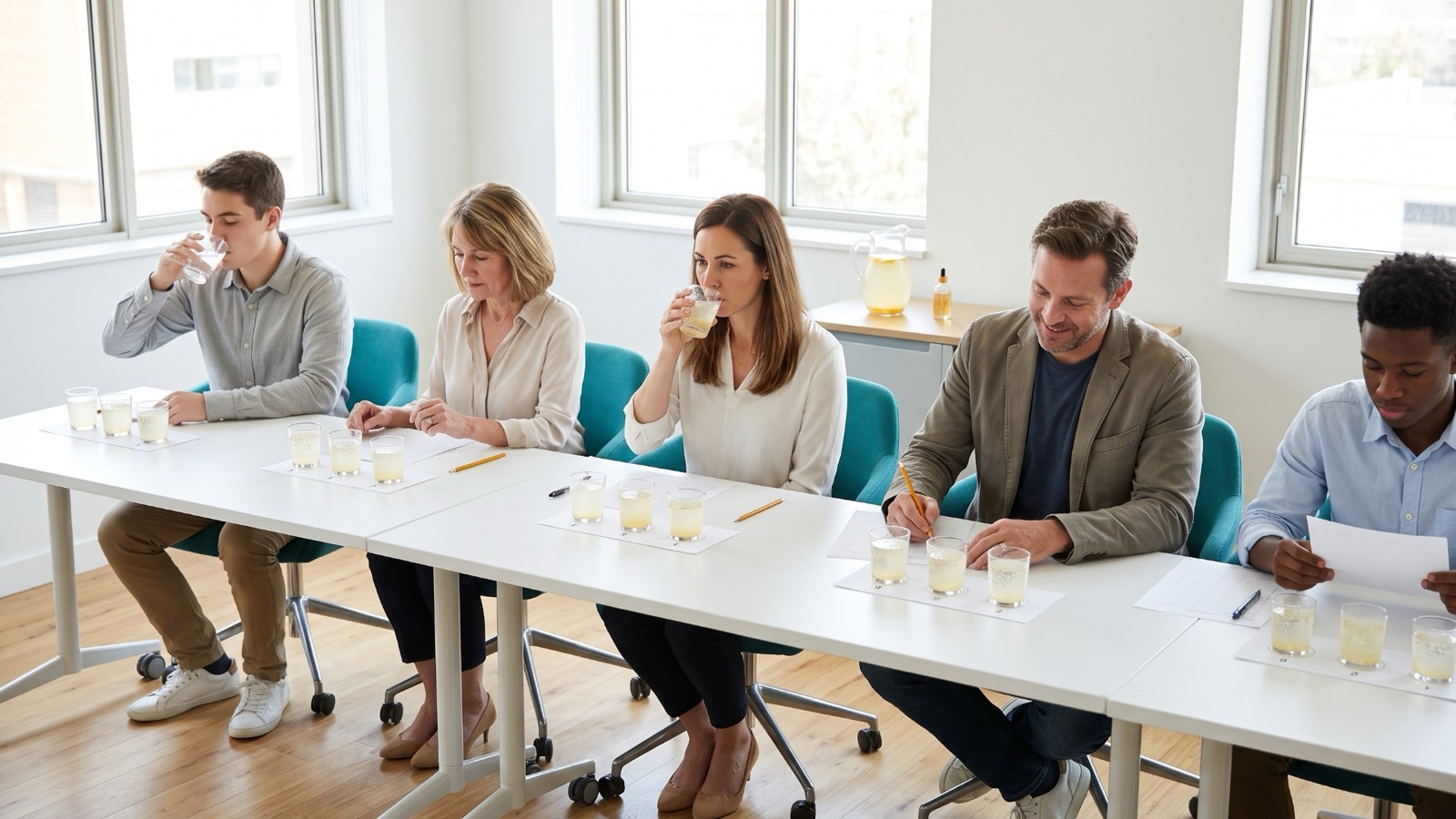 Five colleagues at a long white table in a bright room tasting from small identical clear cups of fizzy citrus soda, with blank scoring sheets and pencils in front of them