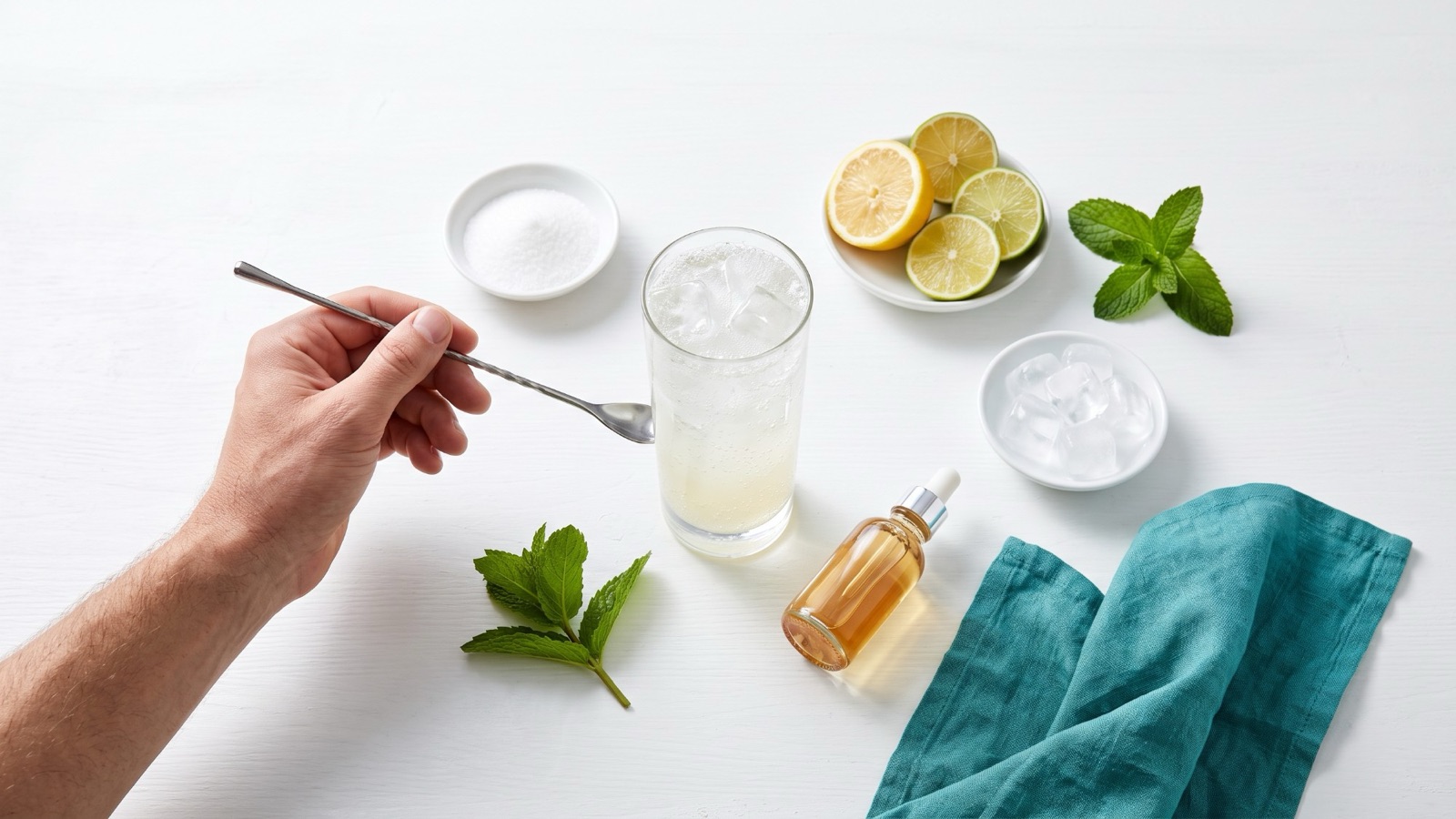 Overhead view of a glass of fizzy pale citrus soda beside three small white dishes holding white crystals, halved limes and a lemon, with a clear dropper bottle of light amber liquid on a white bench
