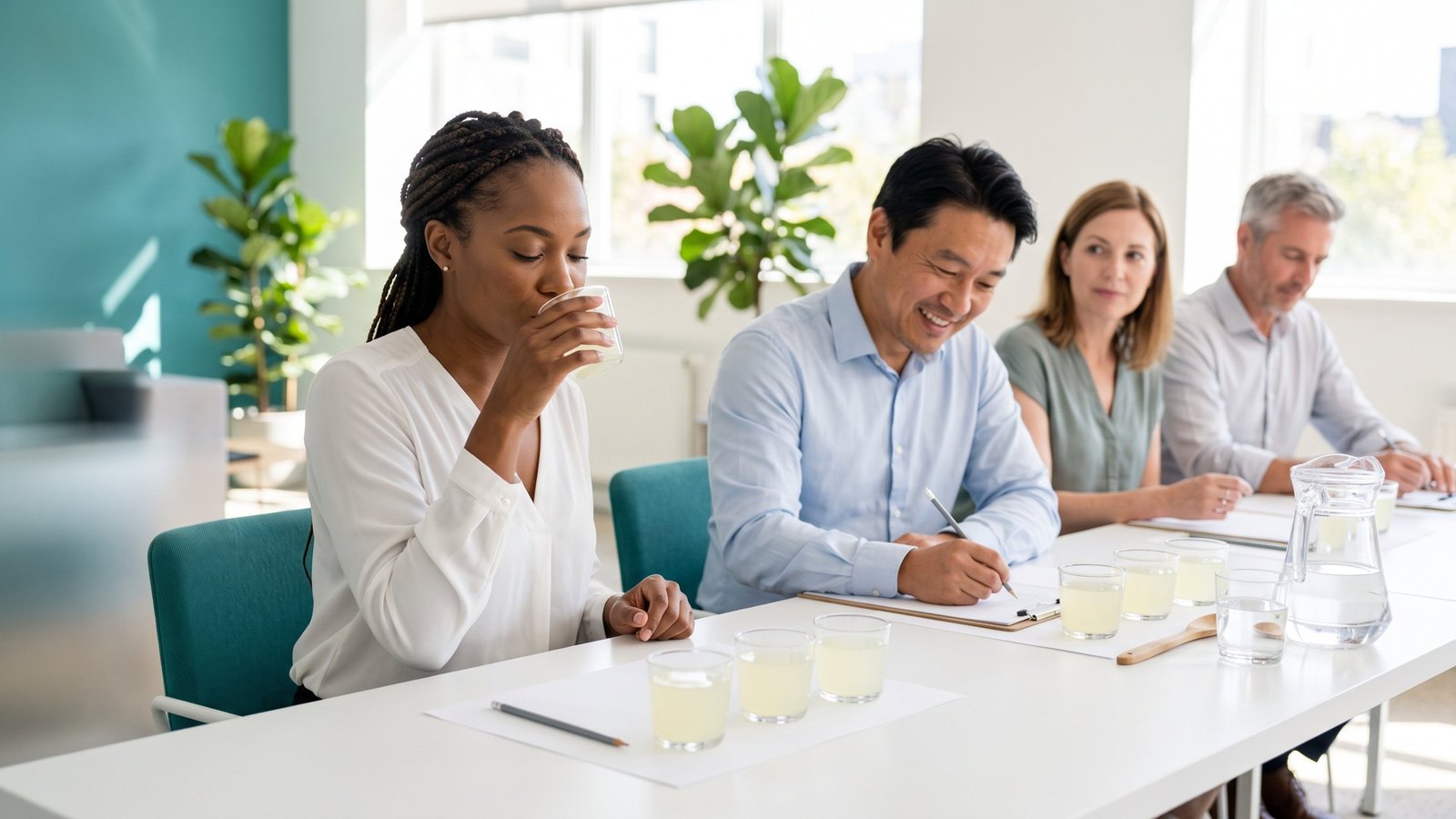 Four colleagues at a white table in a blind tasting, each with three identical cups of lemonade and a scoring sheet