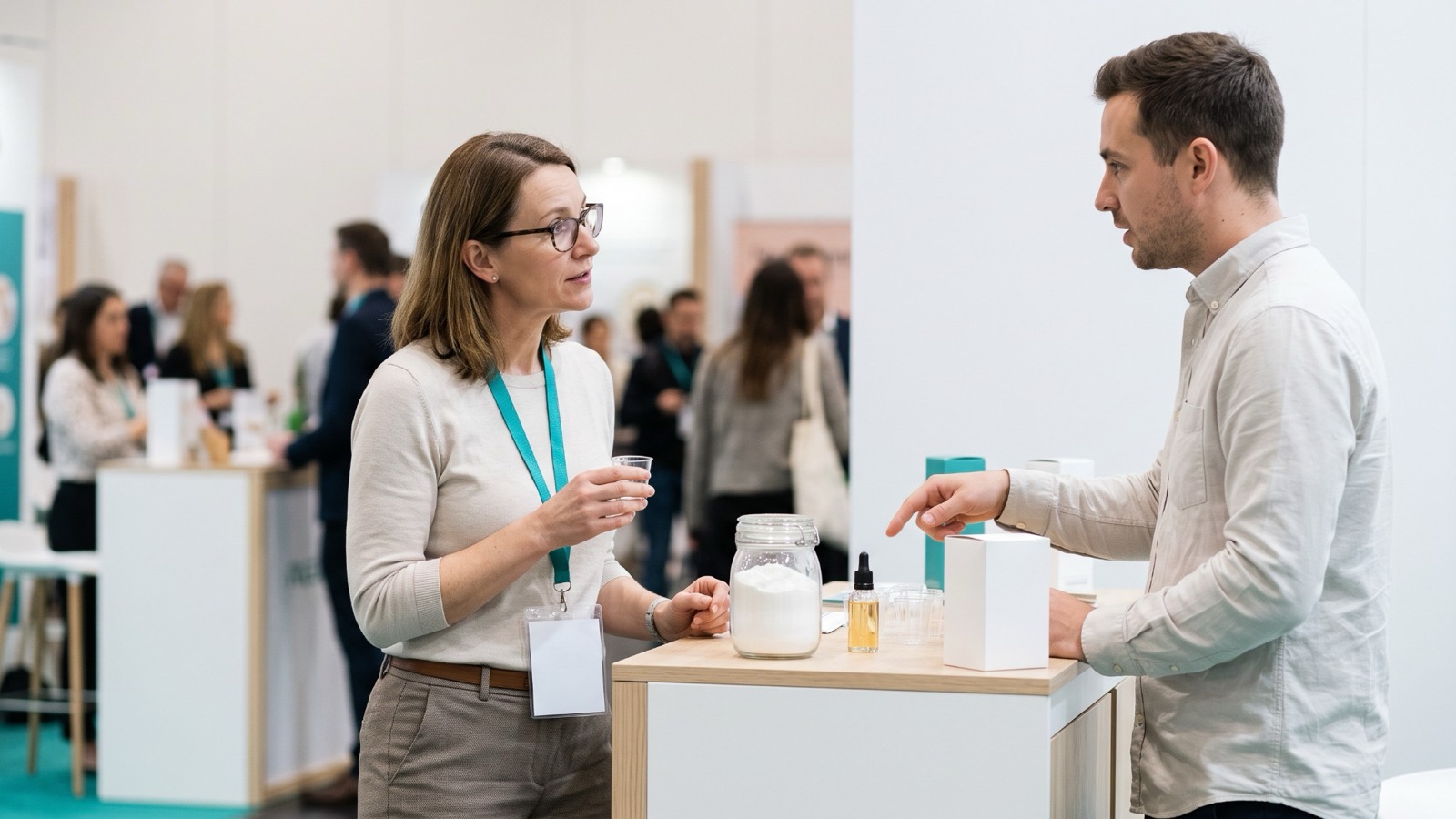 A product developer holding a small tasting cup at a bright ingredient exhibition stand, listening to a supplier who is pointing to a white powder sample in a glass jar, other visitors softly blurred behind them