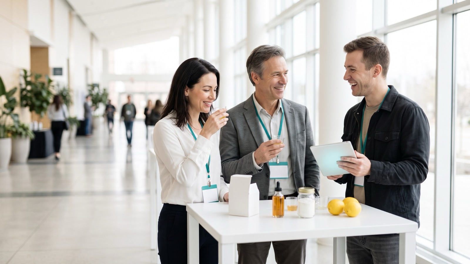 Three colleagues standing around a high table in a bright convention center hallway, smiling as they taste from small clear cups, with a tablet showing a blank screen and a small white sample box on the table