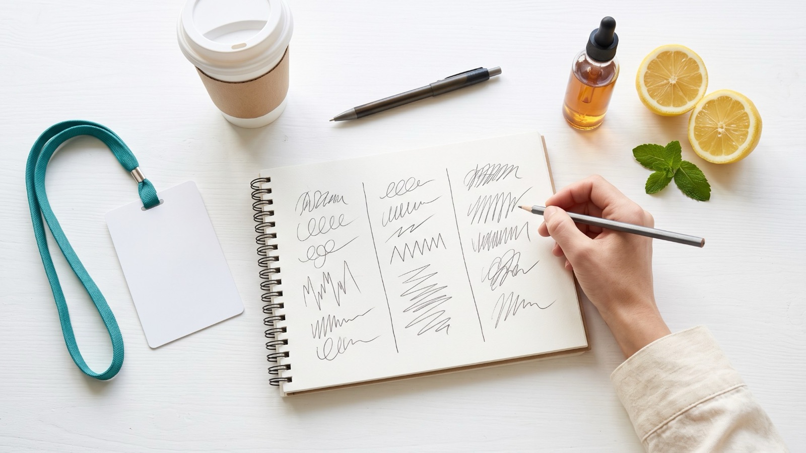 A notebook open on a white desk with a hand-drawn three-day plan, a blank conference badge on a teal lanyard, a coffee cup and halved lemons, soft daylight