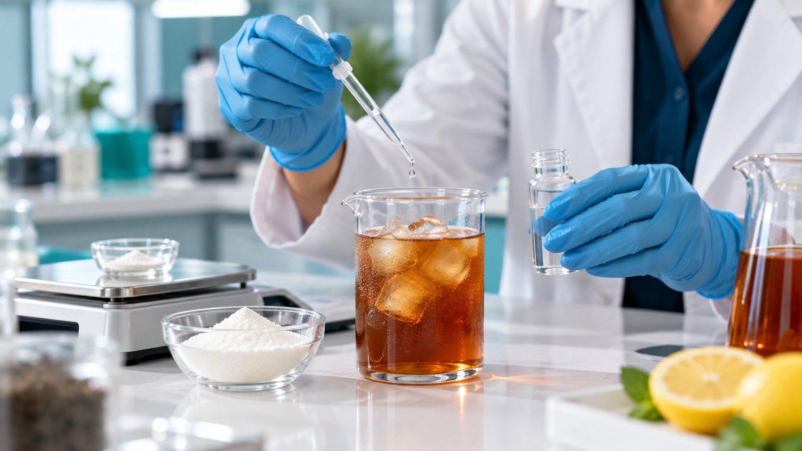 A food scientist adding a few drops of liquid sweetener to a beaker of iced tea next to a lab scale