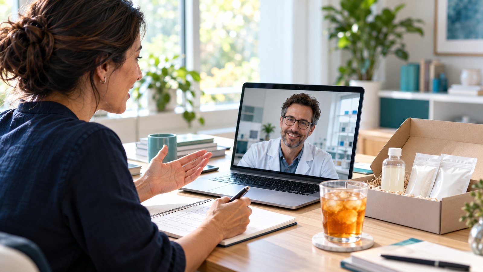 A product developer on a video call with a supplier's food scientist, with a sample kit on her desk
