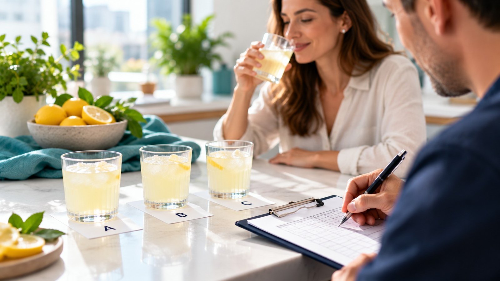 Two colleagues tasting three lemonade samples marked A, B and C and filling in a scorecard