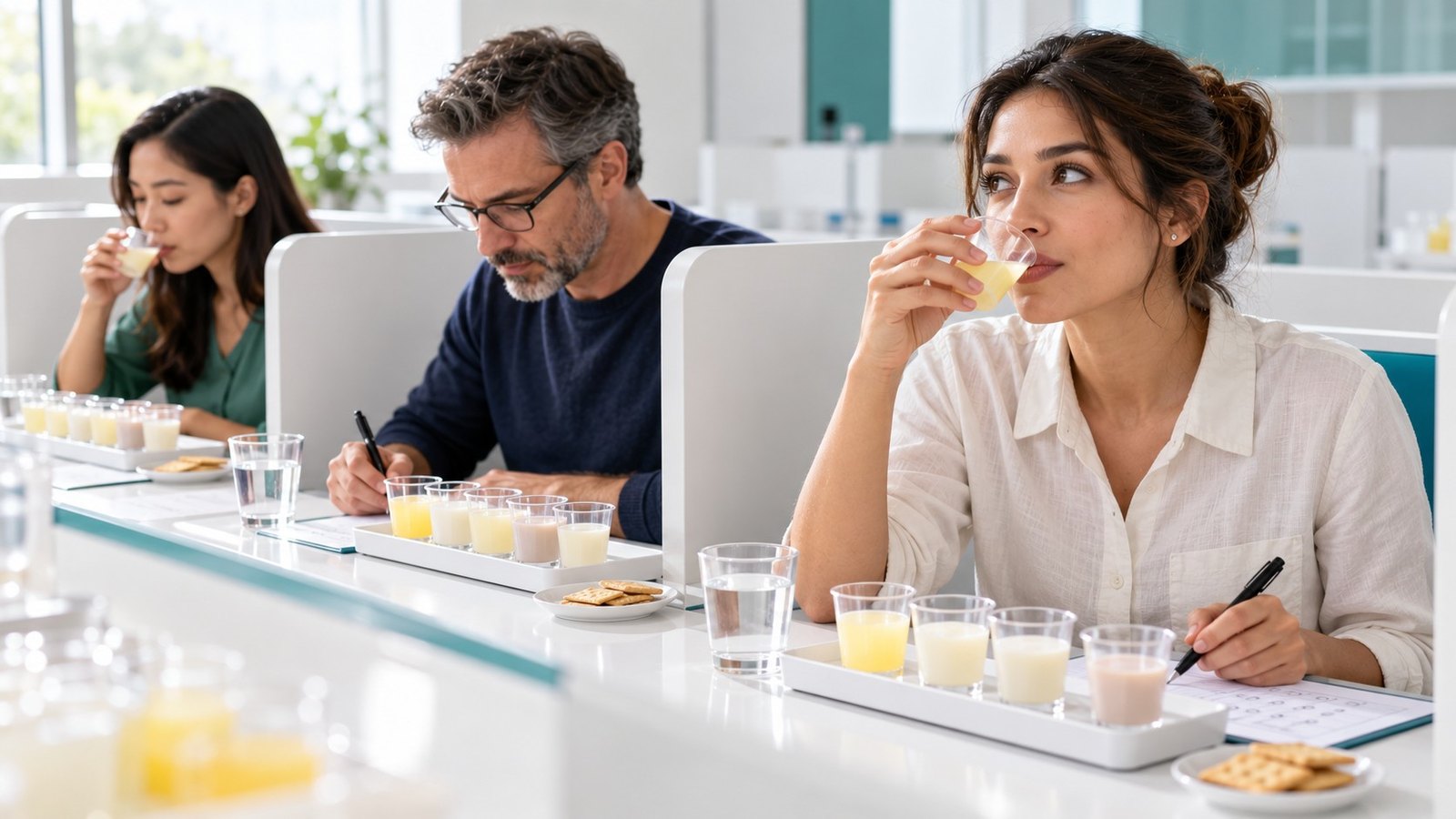 A blind tasting panel scoring coded samples of lemonade and flavored milk at separate booths