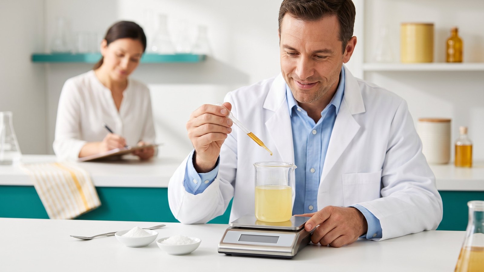 A food scientist using a pipette to add drops of light amber liquid to a beaker of lemonade on a lab scale