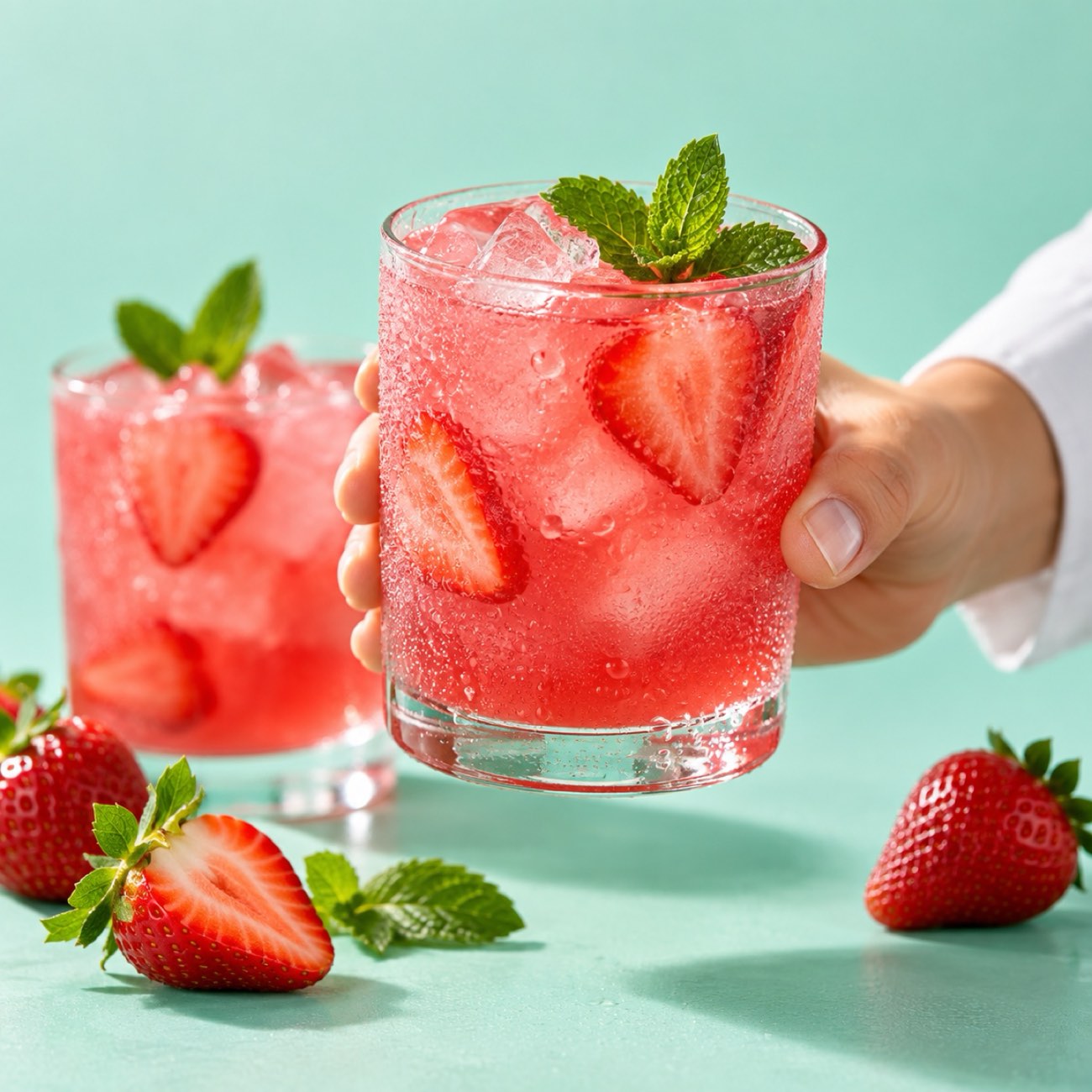 A hand lifting a glass of bright pink strawberry drink made with UnSugar sweet protein