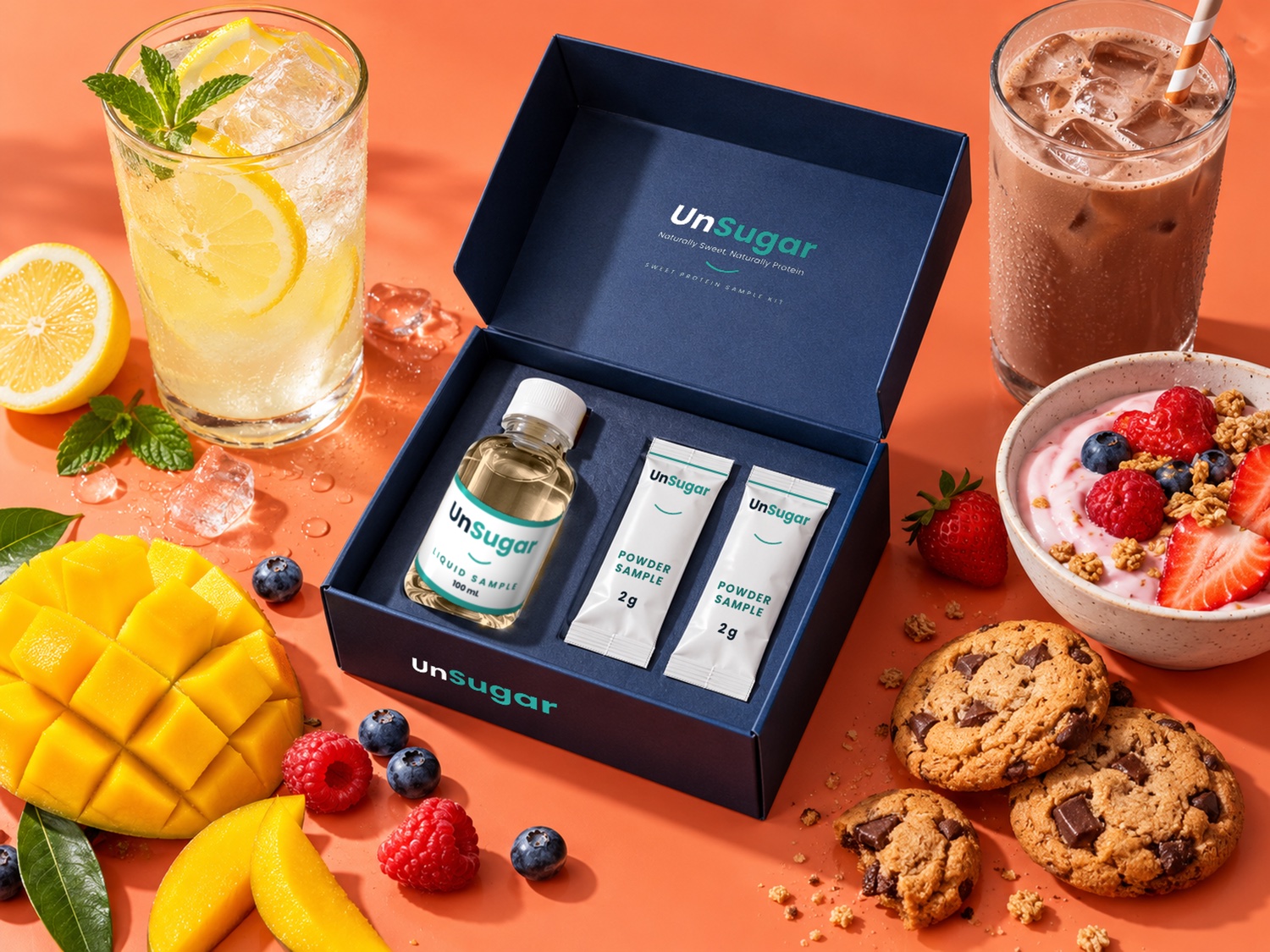An UnSugar sample kit: a sample bottle and two sample-powder sachets in a navy box, surrounded by the reduced-sugar drinks and treats you can build with it