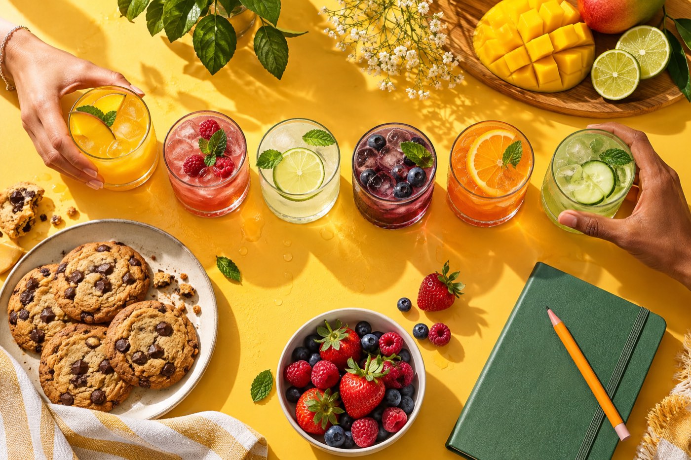A bright tasting table with colorful reduced-sugar drinks, cookies and fresh fruit, the kind of products UnSugar helps build