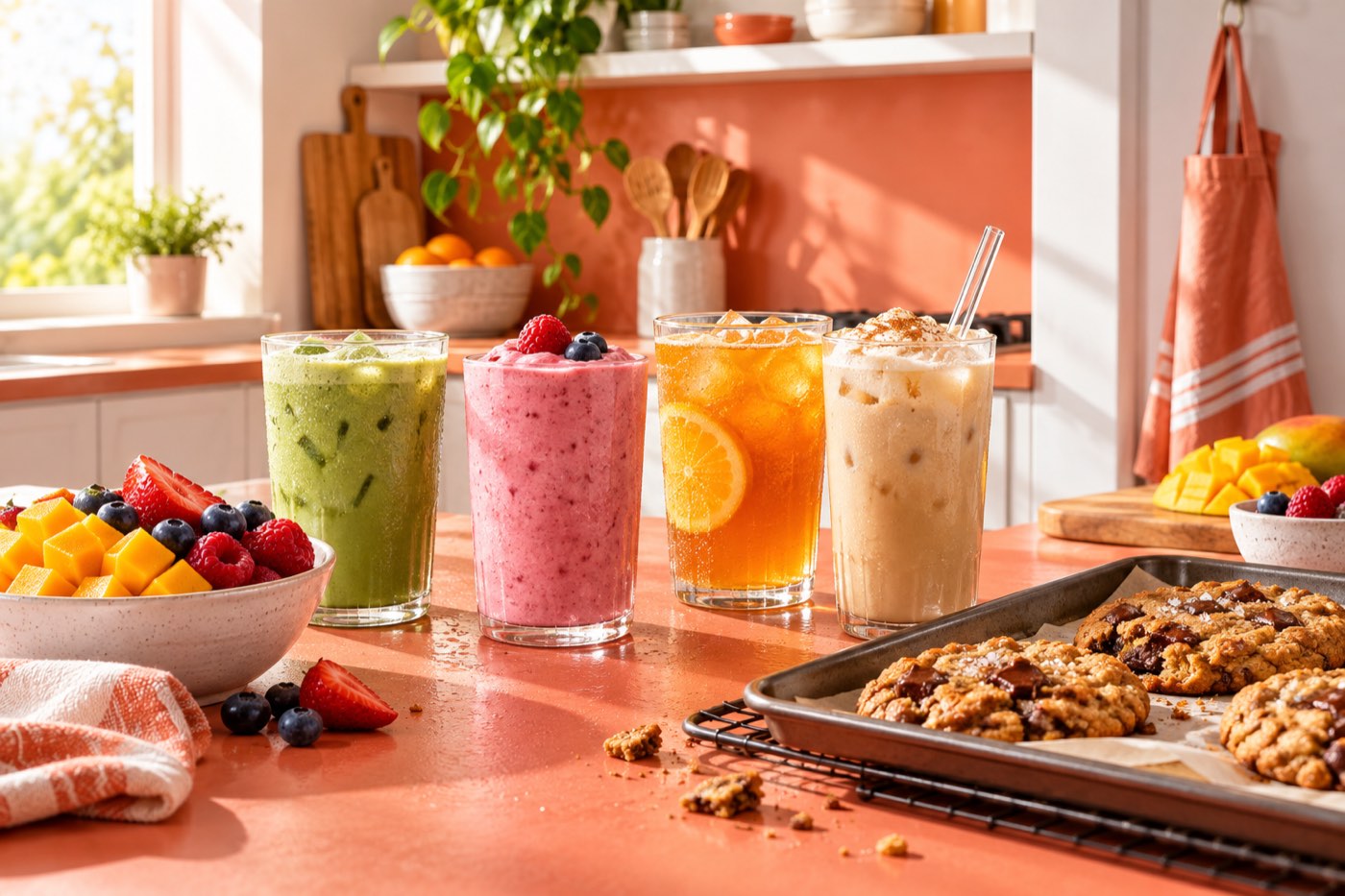A sunny kitchen counter with reduced-sugar smoothies, iced drinks and fresh-baked cookies