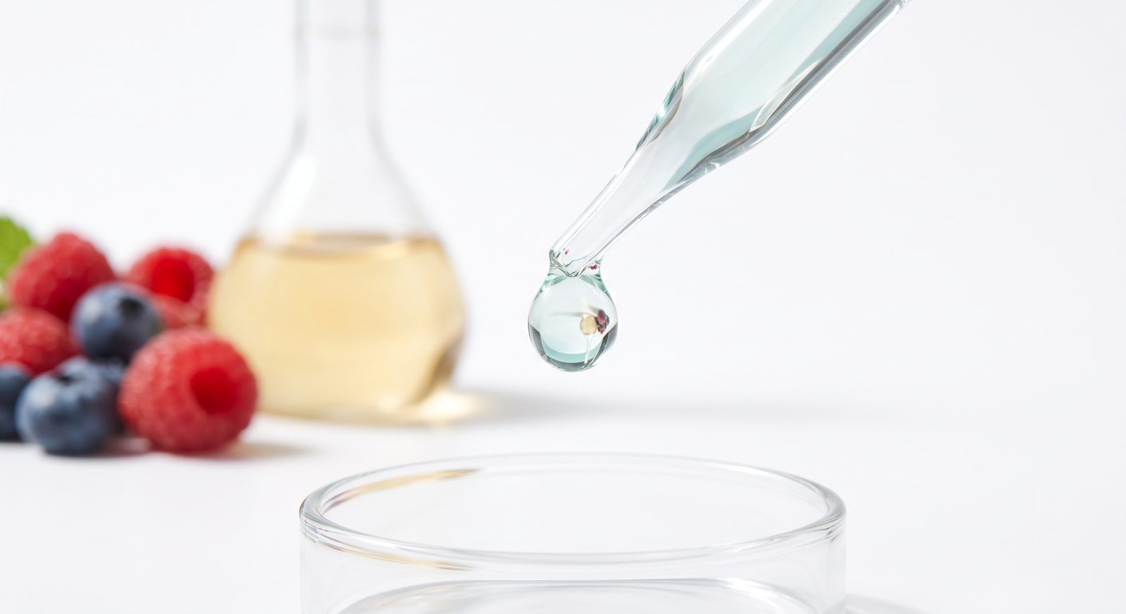 A droplet on a glass pipette refracting light above fresh fruit and a laboratory flask, representing sweet-protein science