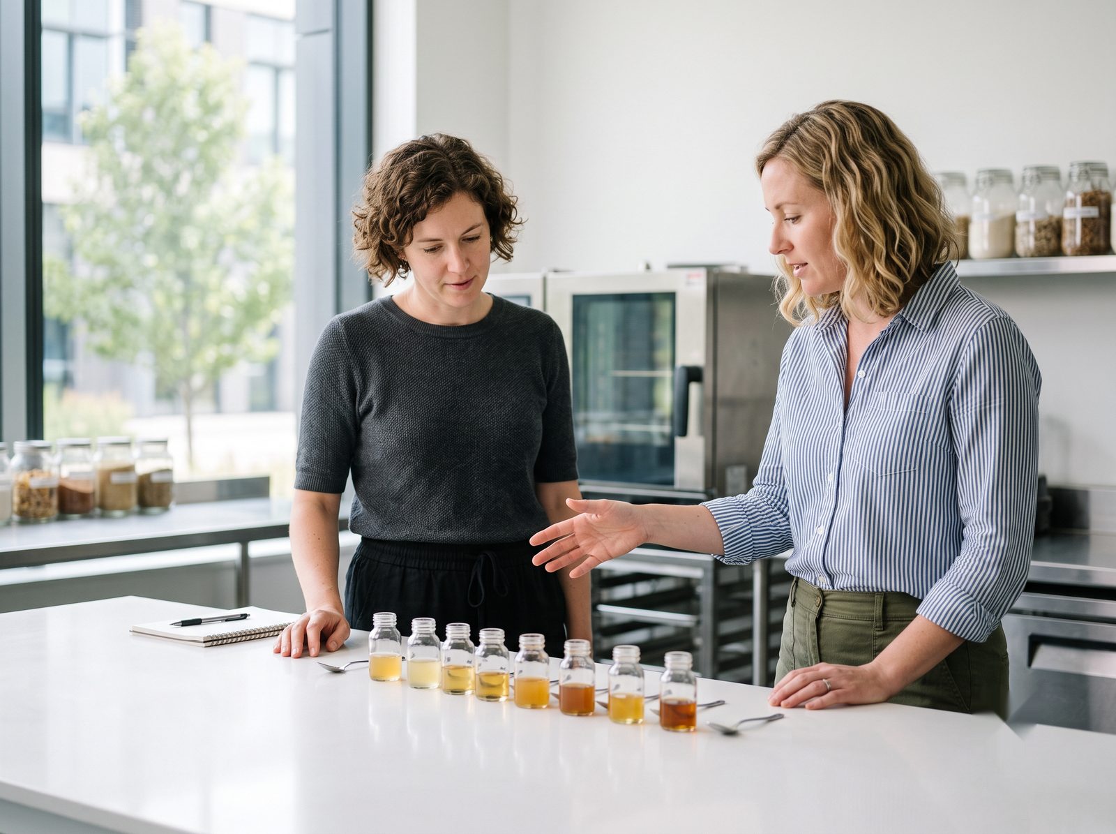 Two UnSugar food scientists reviewing tasting samples together at a development bench