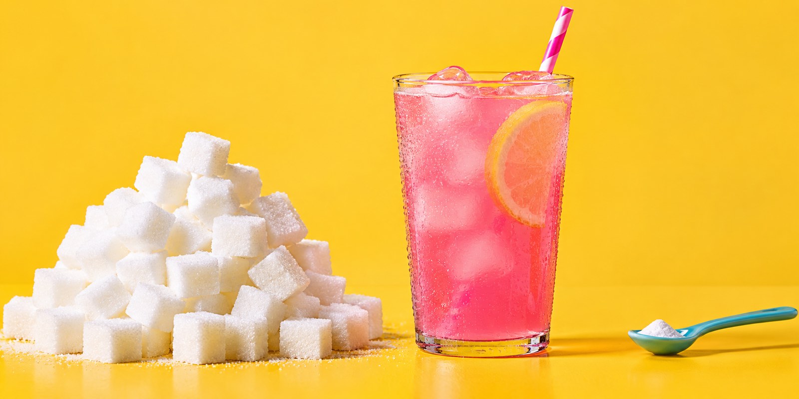 A heaped pile of sugar cubes beside a tiny pinch of sweet protein on a teaspoon, showing how little UnSugar it takes