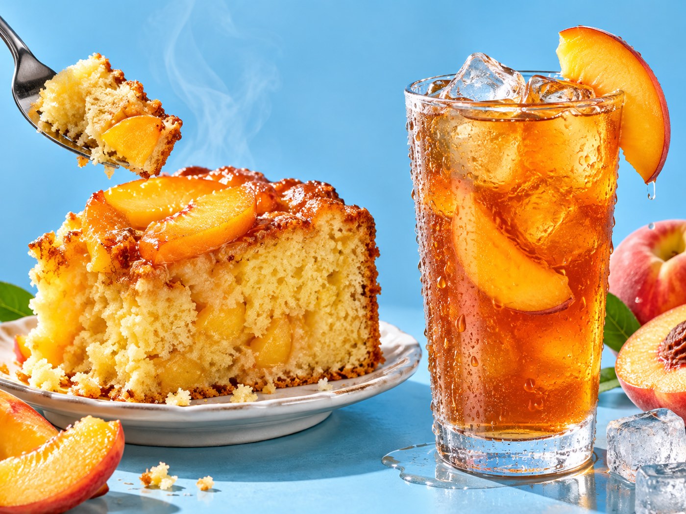 A warm frosted cake beside a tall glass of iced tea, showing that the sweet protein holds up in both baked and chilled products