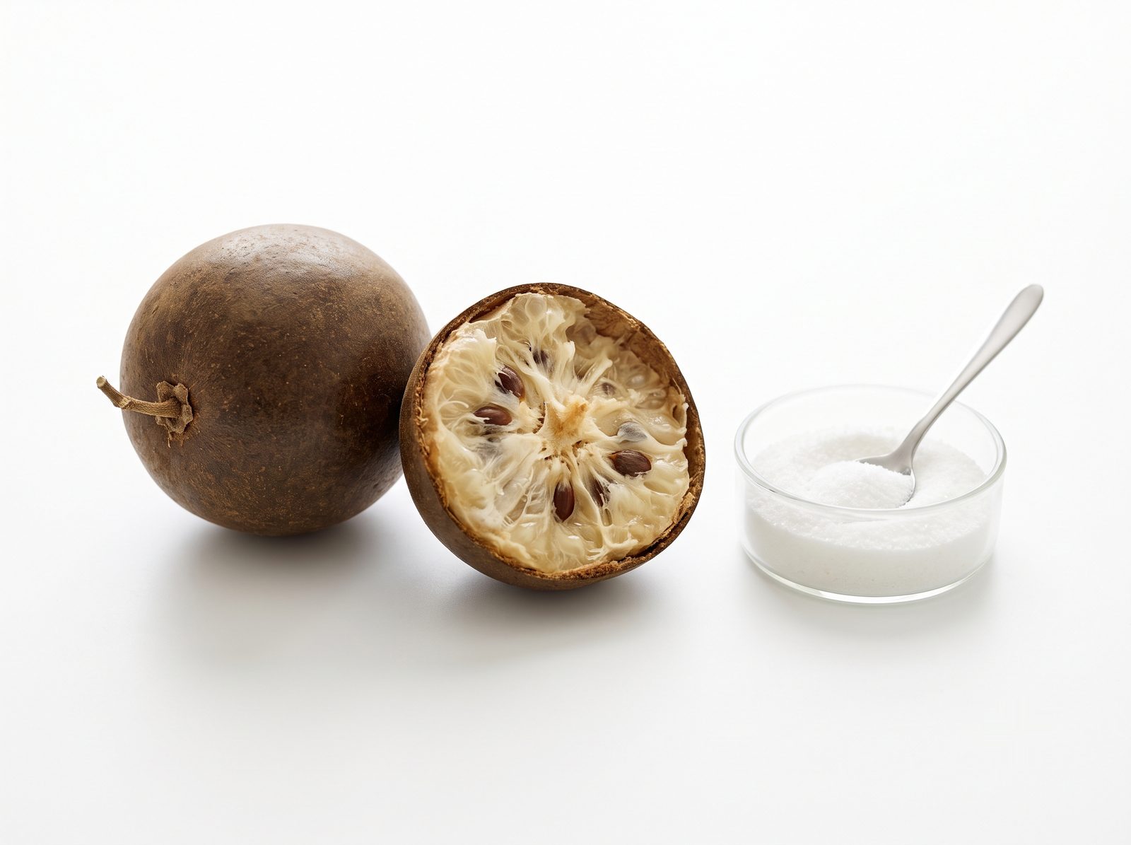 A whole and halved monk fruit beside a dish of sweet-protein powder, comparing two high-intensity sweeteners