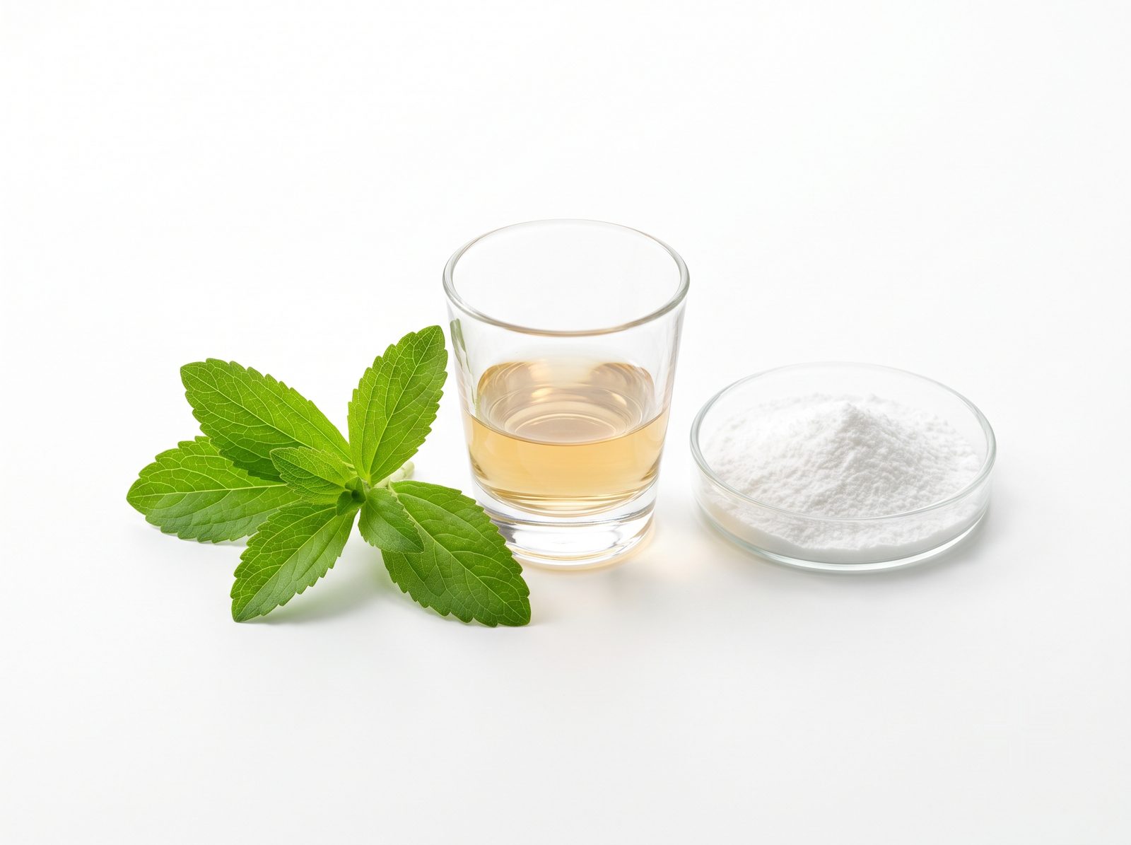 Fresh stevia leaves beside a dish of sweet-protein powder and a tasting glass, showing a blended sweetener system