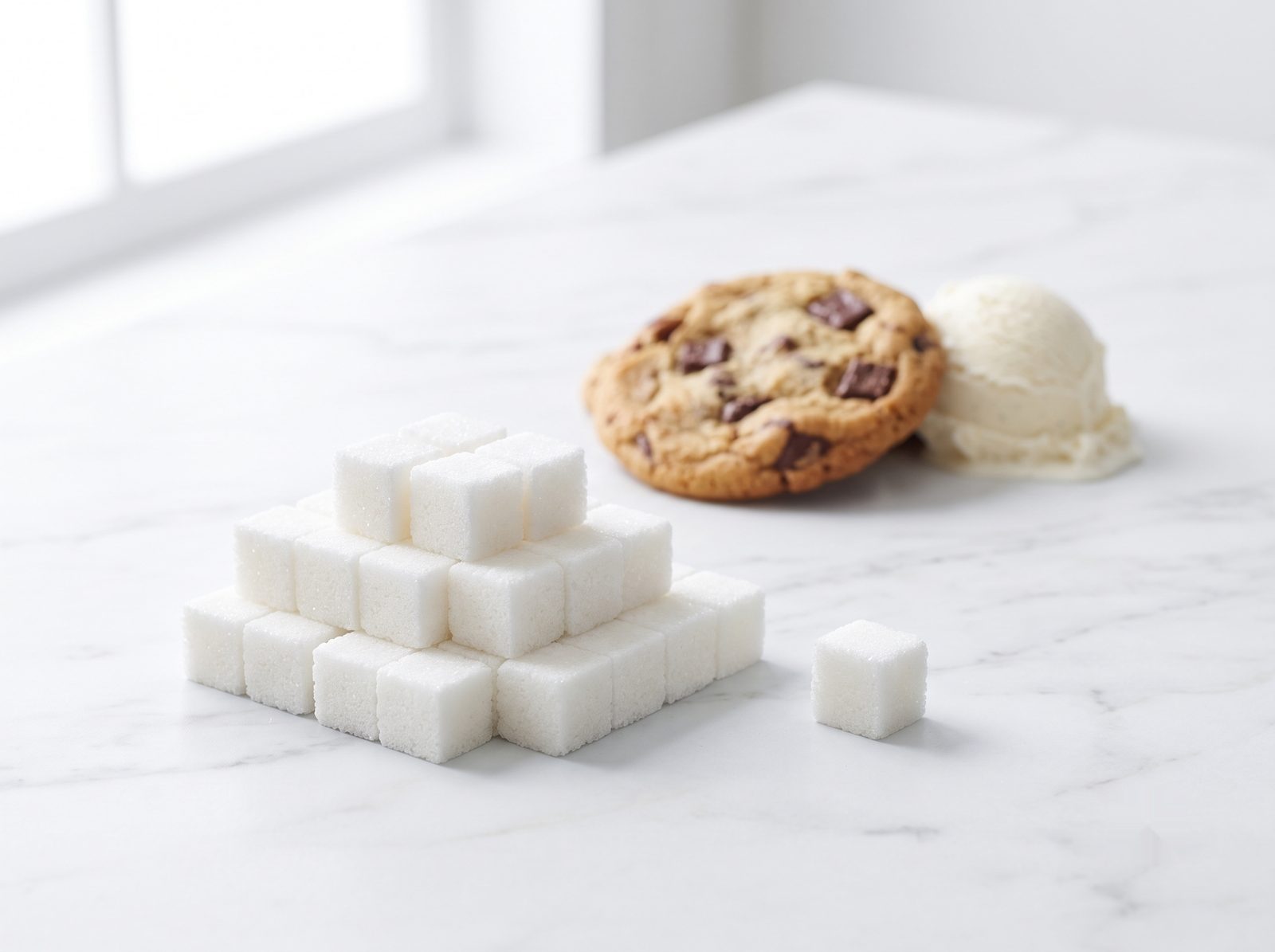 A stack of sugar cubes with one cube separated, representing the structural jobs sugar performs