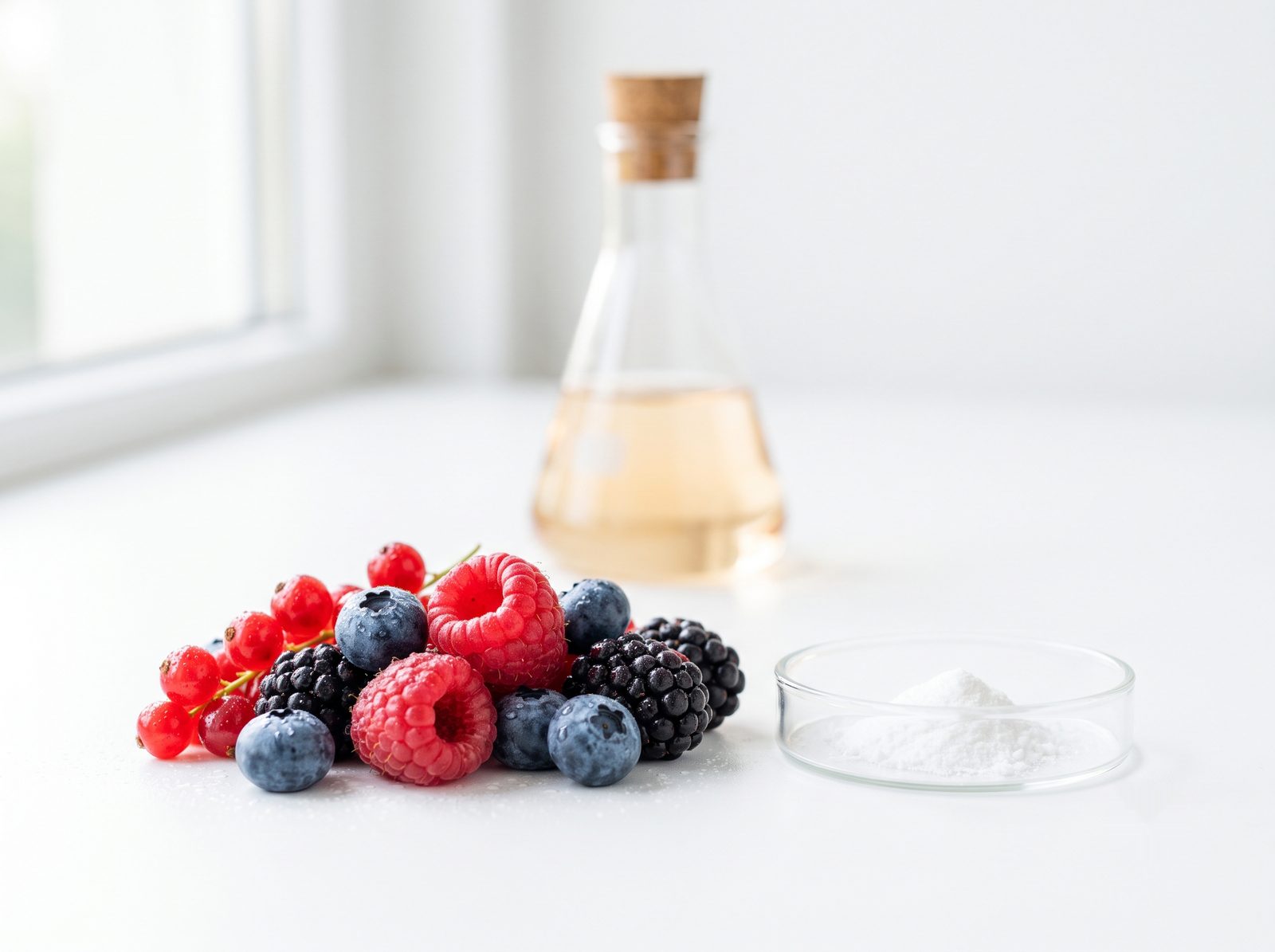 Fresh berries beside a dish of purified sweet-protein powder, showing the fruit origin of the protein