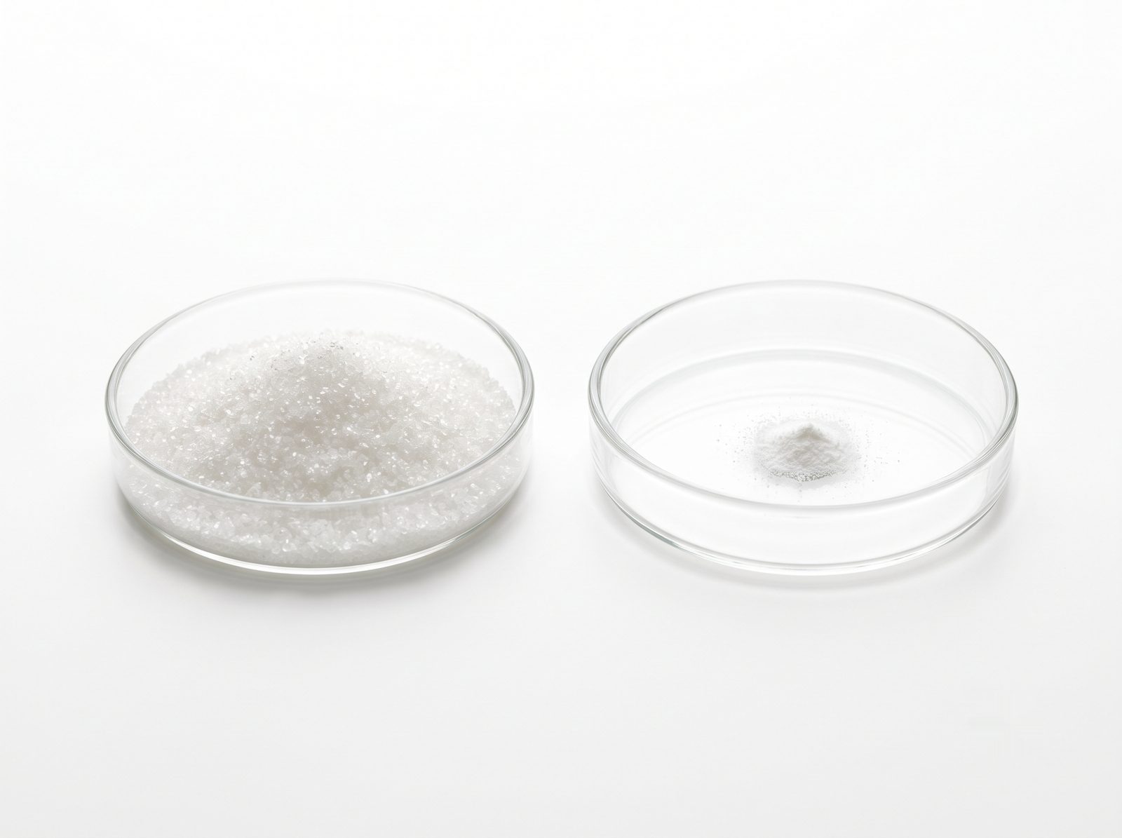A heaped dish of sugar beside a tiny dish of sweet-protein powder, showing grams versus milligrams